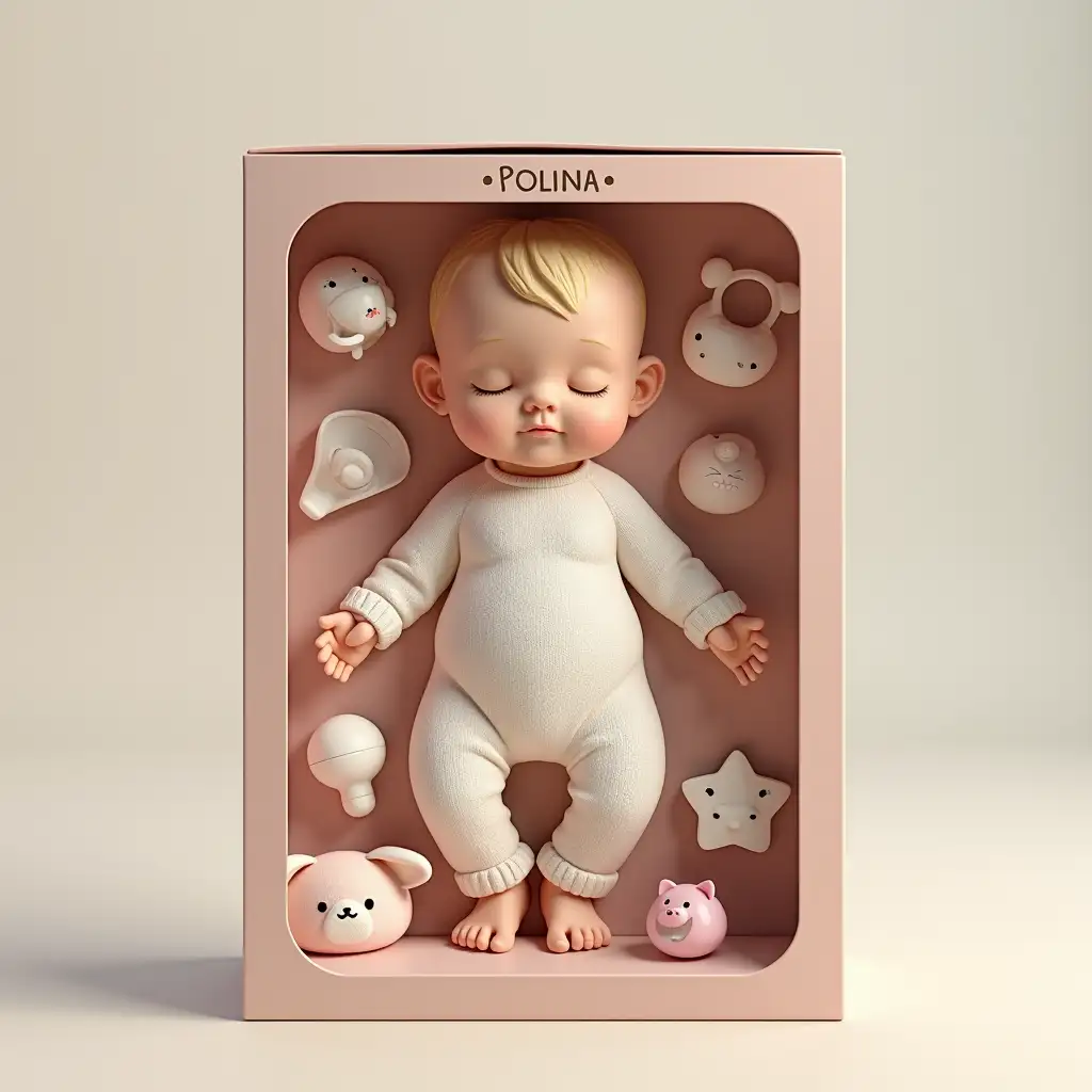 Create a collectible 3D action figure from a person's photo. Figure is full size, made of soft touch plastic, lies in a plastic form along the silhouette inside a box with a transparent window. Fully reproduce appearance from the photo: facial features, hairstyle. Place accessories nearby: pacifier, rattle, toy. Write Polina at the top of the box. Make the box in a children's style. The image should be as realistic as possible, like a photo of an expensive collectible toy