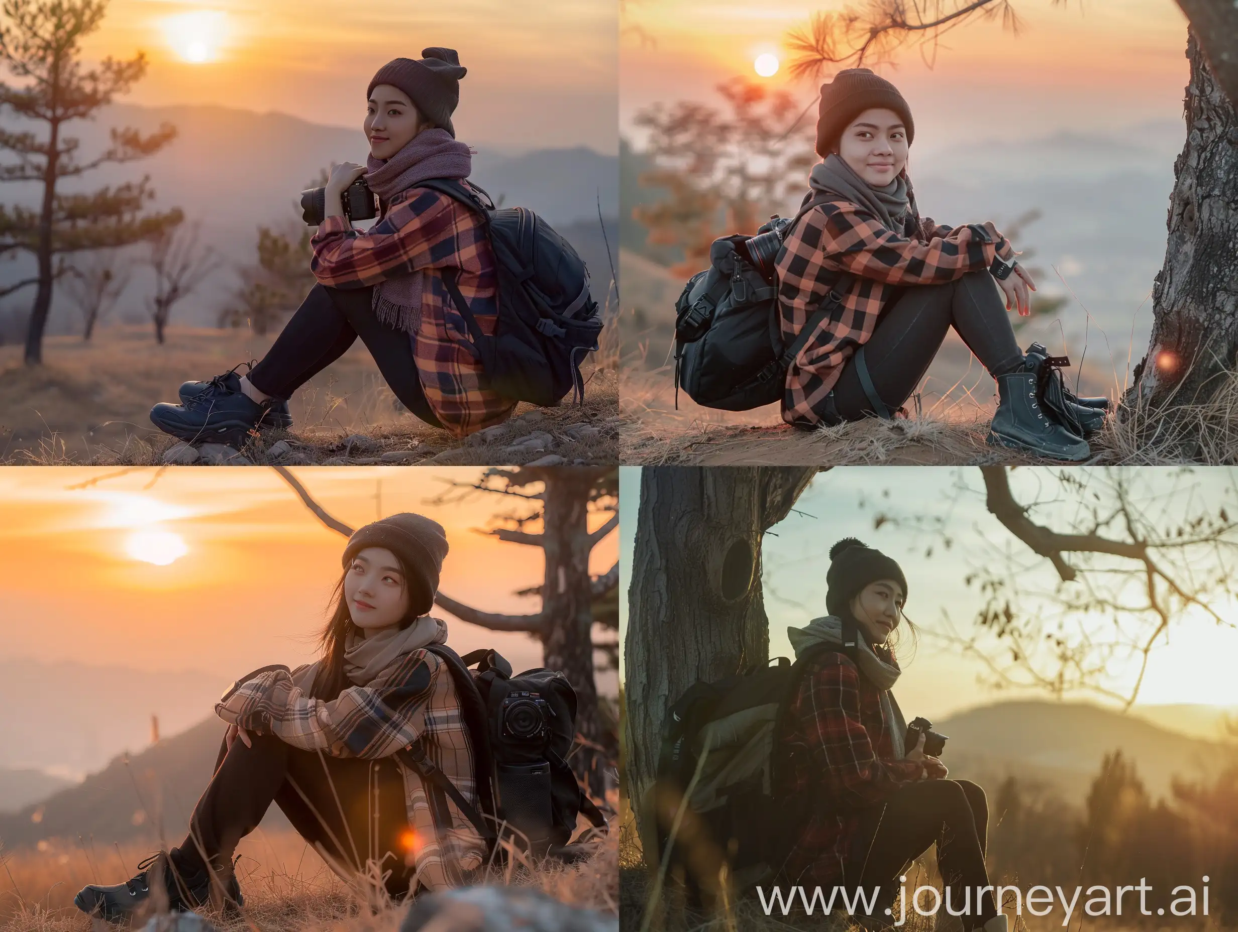 Young-Korean-Woman-in-Black-Flannel-Shirt-and-Hijab-Capturing-Sunset-on-Hilltop