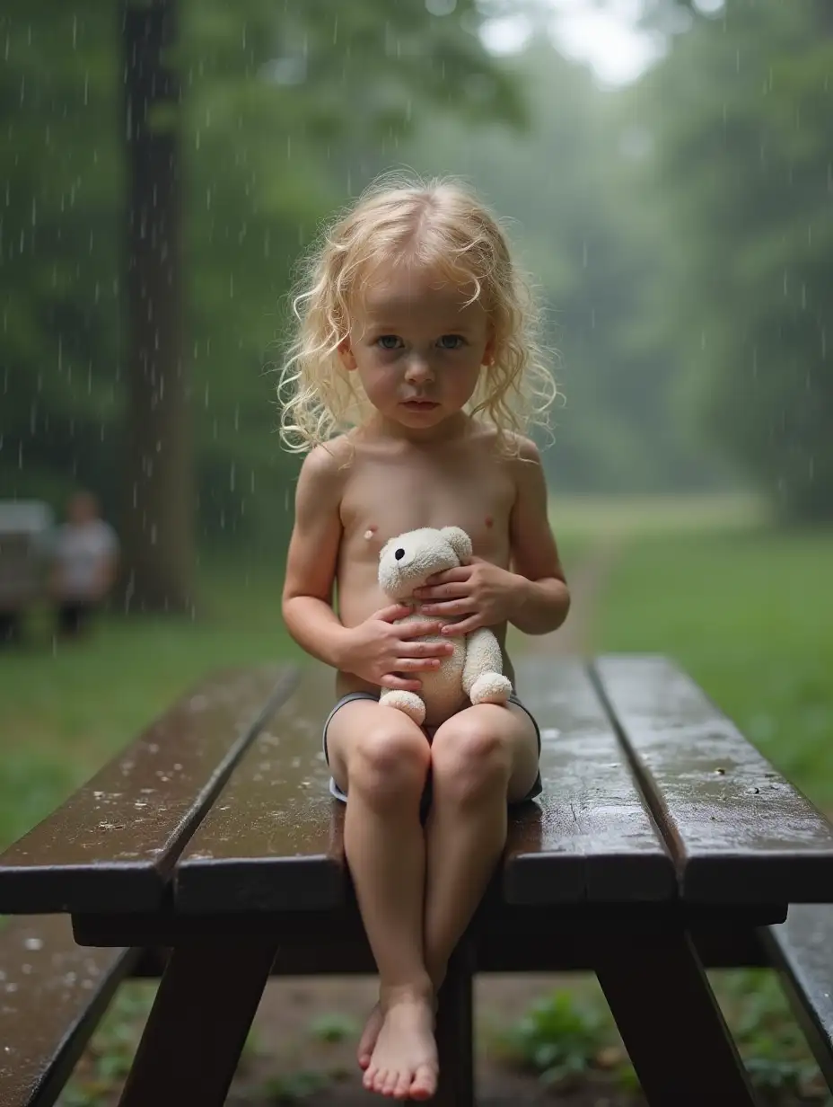 Skinny-Little-Girl-with-Wet-Curly-Blonde-Hair-Sitting-on-Picnic-Table-in-the-Rain