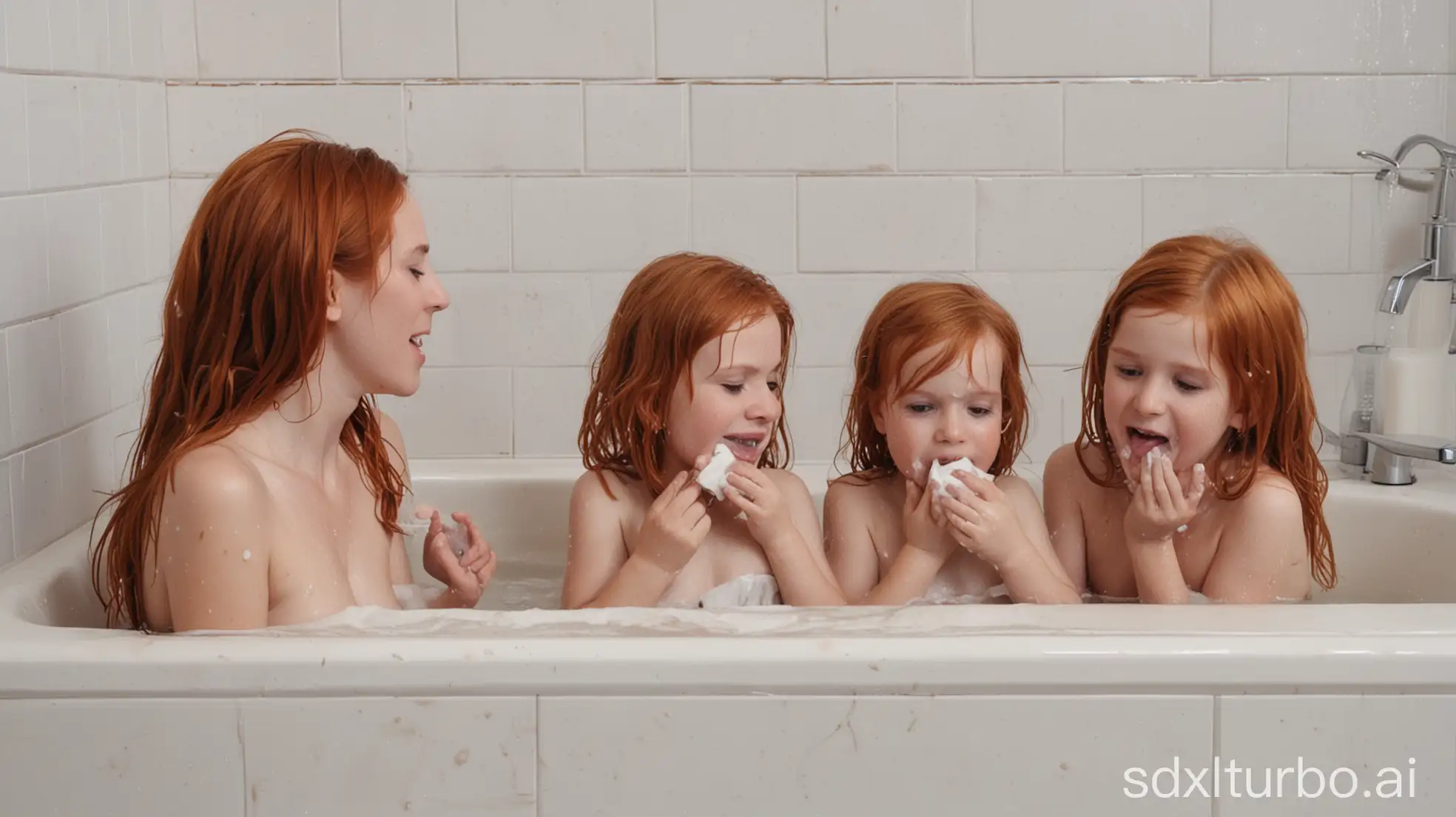 Mother-Washing-Three-Little-Redhead-Girls-Hair-with-Ivory-Soap-in-a-Crowded-Bathtub