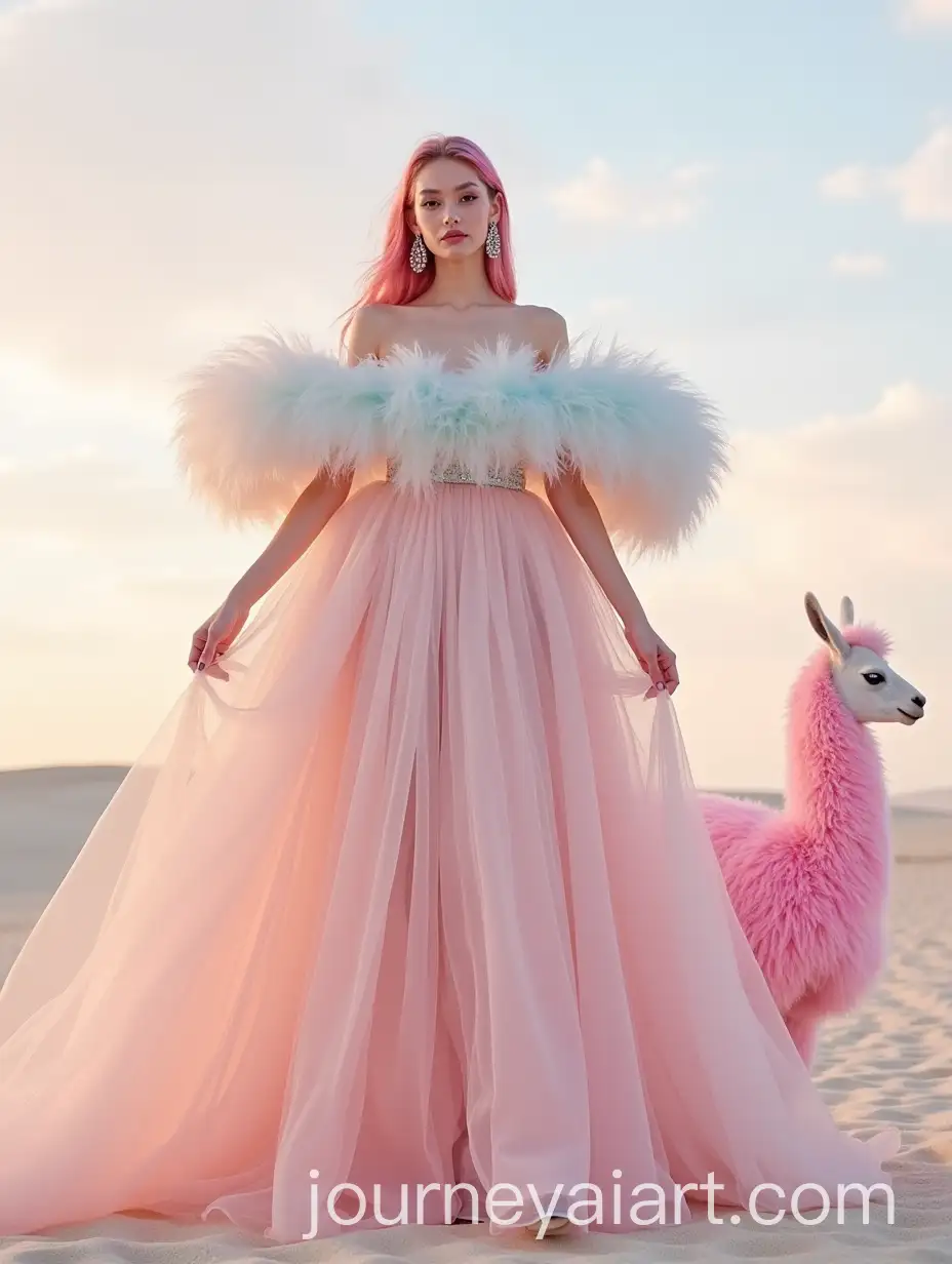 HighFashion-AvantGarde-Tulle-Gown-with-Dreamy-Pastel-Desert-and-Pink-Llama