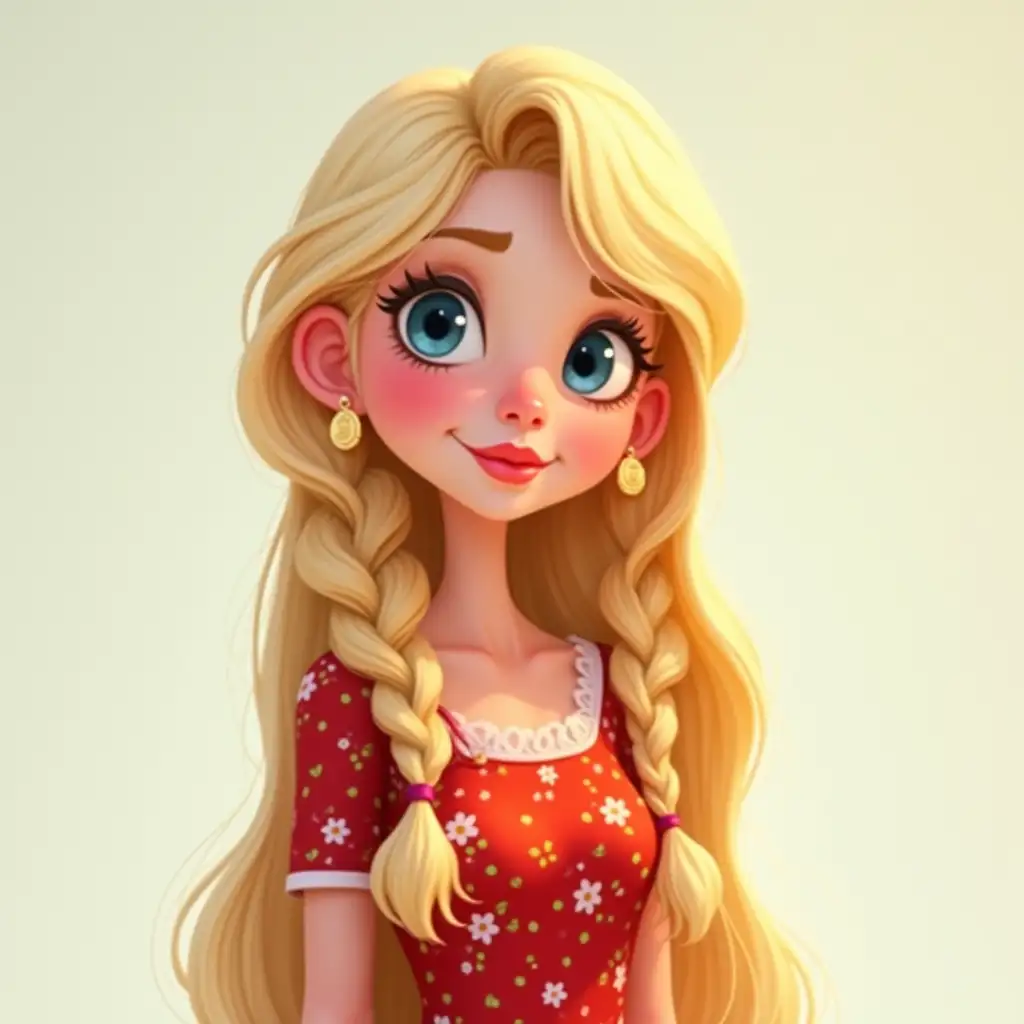 Cartoon character. She has long light hair, down to her waist. Beautifully styled braids. Earrings in the shape of rings. She has subtle makeup, plump lips, and large expressive blue eyes. She is wearing a red flowery dress in Provence style. 2D