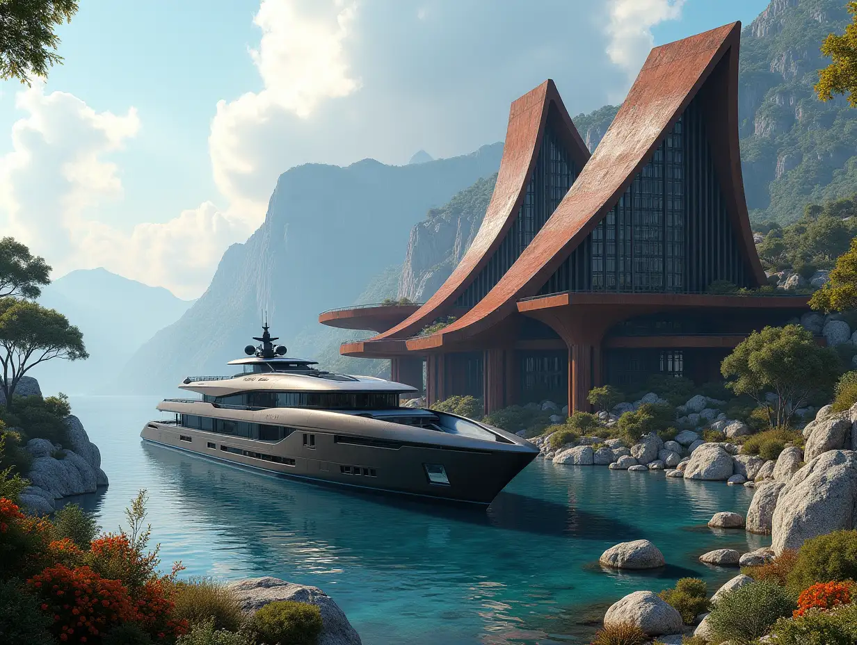 Create a high-resolution realistic image in 4k resolution a futuristic building rusty with black patterned Gebäude with curved pillars, mountains large trees, rocks flowers a futuristic very large yacht with Glass scheibe cloudy sky