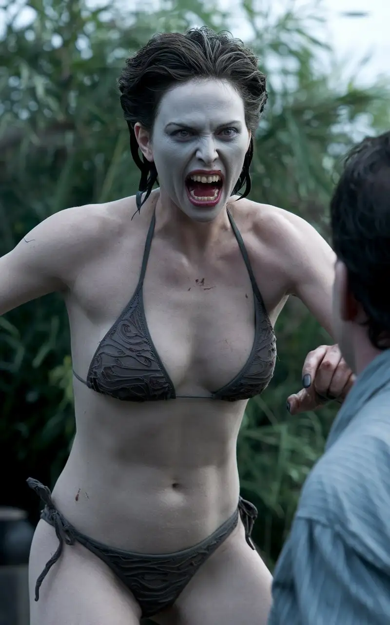 Fierce-Fitness-Monster-Woman-in-Bikini-Attacks-Submissive-Person-with-Enormous-Fangs