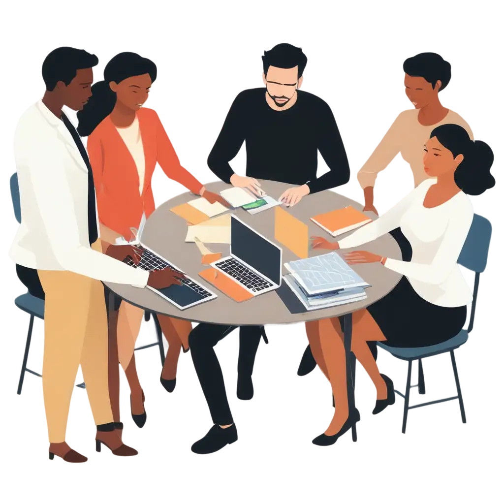 A group of diverse business professionals gathered around a table, collaborating with documents and laptops. Icon showing teamwork, collaboration, and communication. Flat design with professional tones