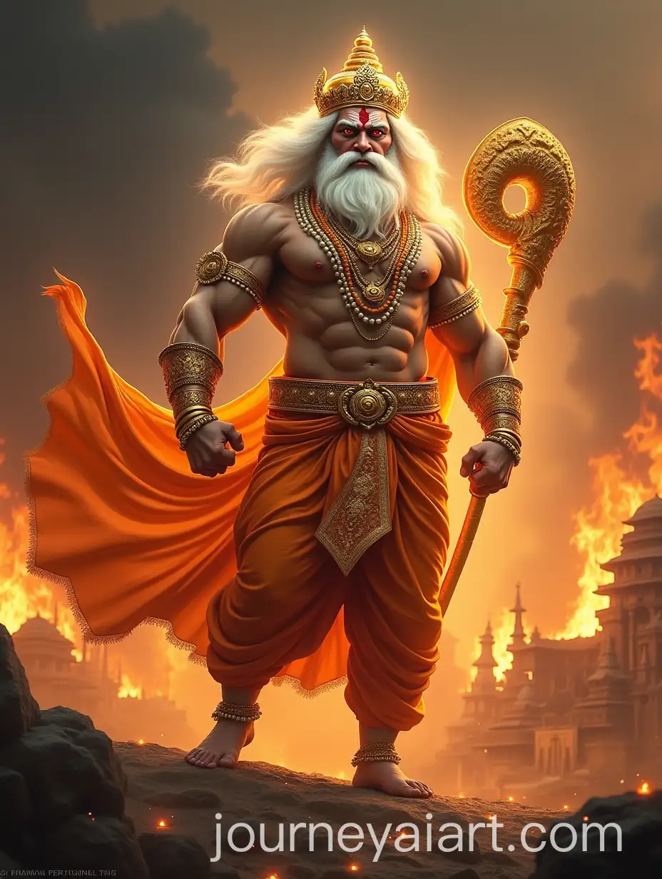 Divine-Lord-Hanuman-in-Heroic-Pose-with-Fiery-Background-and-Burning-Structures