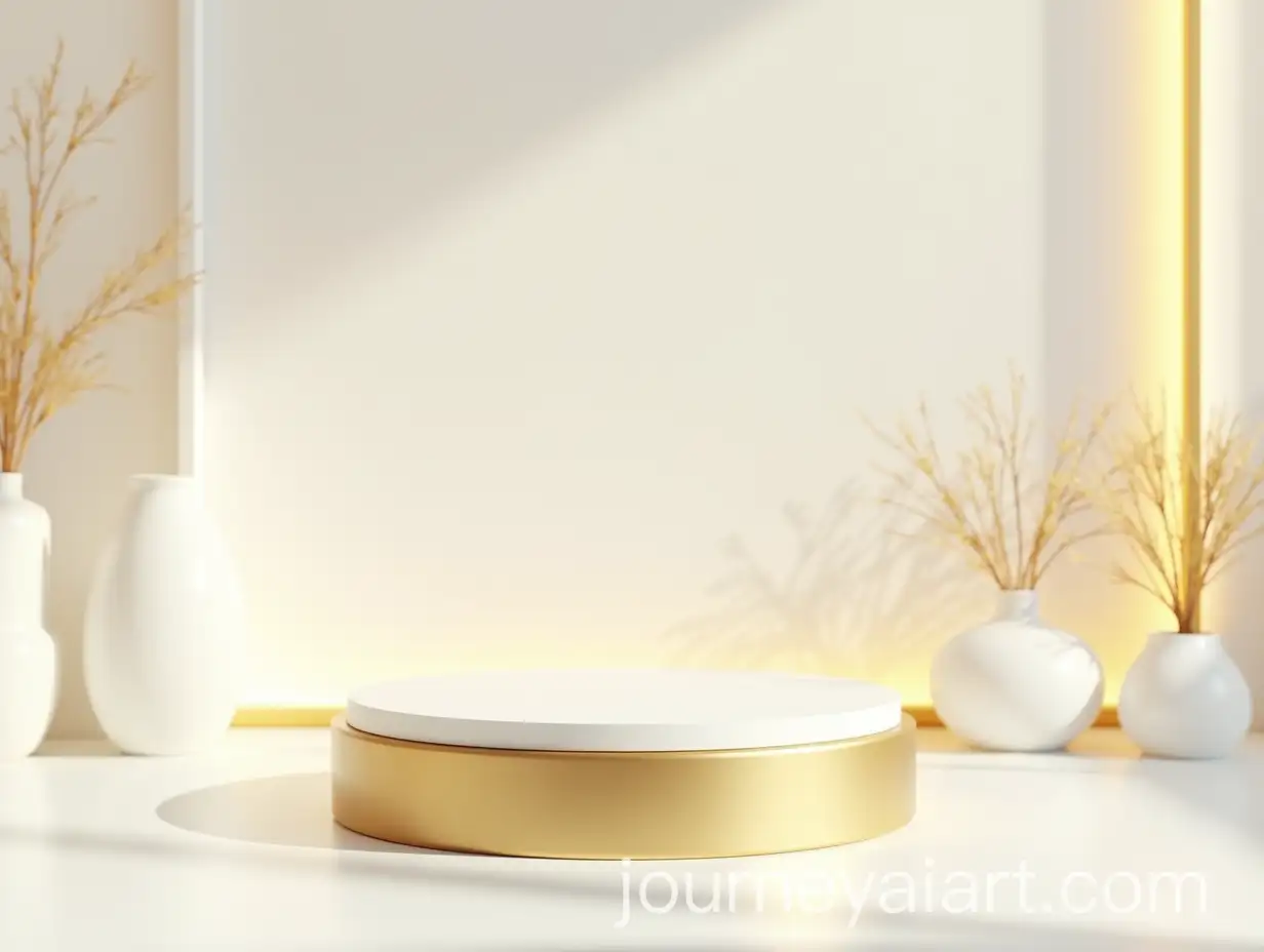 Elegant-Small-Podium-with-Golden-Rim-and-White-Surface-in-Softly-Lit-Room