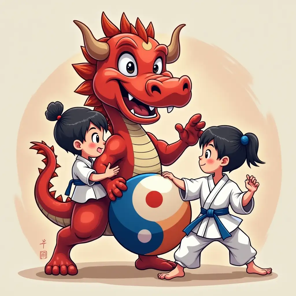 Friendly-Korean-Dragon-and-Children-Training-Taekwondo-with-YinYang-Symbols