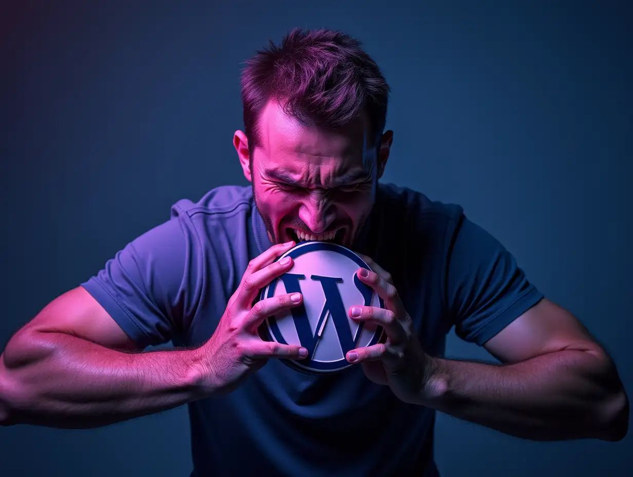 Create a hyper-realistic image of a man visibly straining and suffering as he compresses the WordPress logo with both hands. The man should show effort and tension in his face and body, with sweat and clenched teeth to emphasize the difficulty of the task. The WordPress logo should be slightly distorted, as if under intense pressure, but still recognizable. Incorporate vibrant purple and magenta tones into the scene, blending them with cool blues and grays, creating a dynamic contrast. Subtle lighting should highlight the man's struggle and the tension around the logo