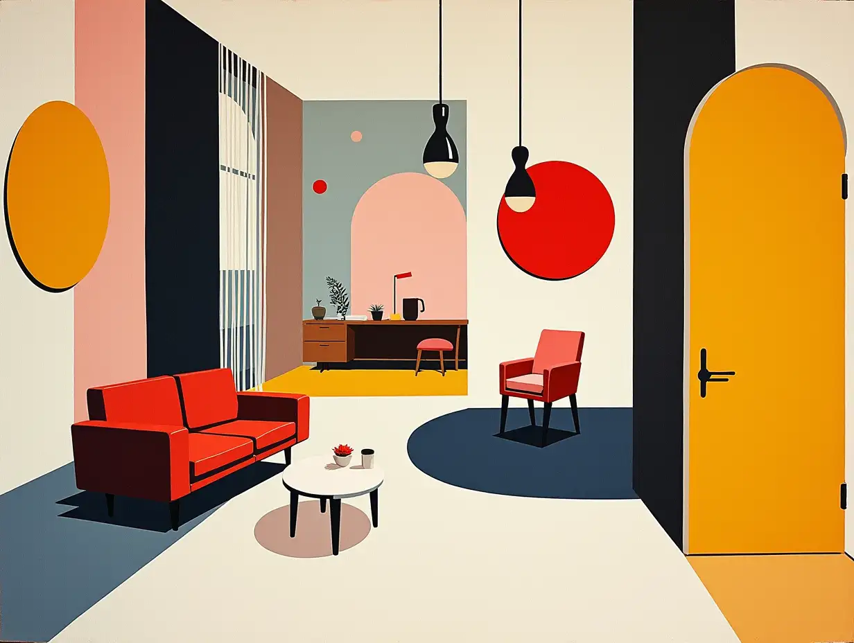 user_prompt: Bauhaus style interior with worn lines primitive schematically in the style of Kandinsky, Malevich, minimalism, simplify for beginner artist acrylic with many colors, constructivism abstractionism