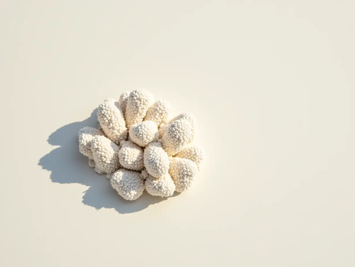 White piece of coral with sun shadow at sunlight, nature above view photo of textures corals on light beige grey concrete, minimal monochrome background with copy space neutral color