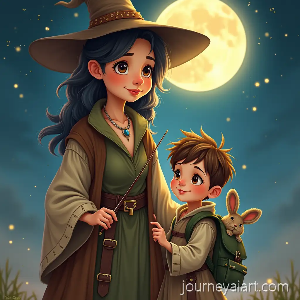 Whimsical-Fantasy-Portrait-of-a-MagWhimsical-fantasy-portraitician-Aunt-and-Her-Nephew-Under-a-Starry-Sky