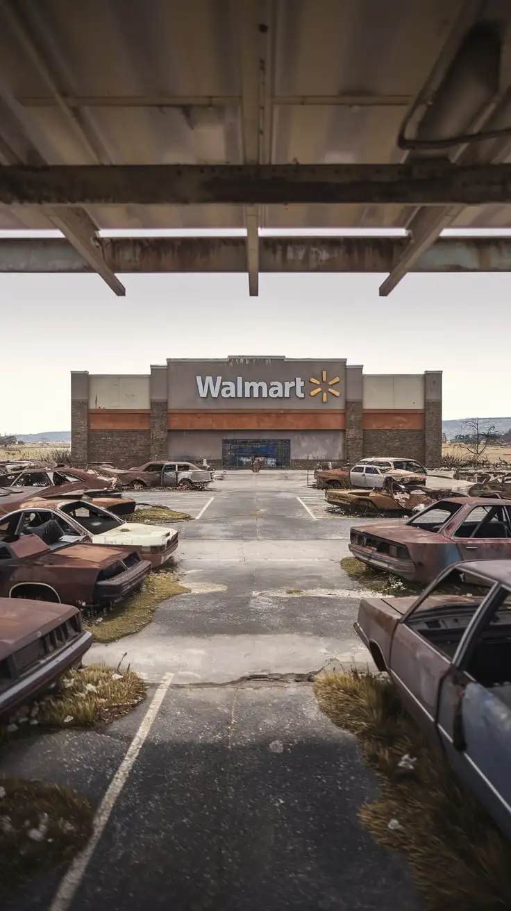 Abandoned Walmart Parking Lot with Rusty Cars in Daytime