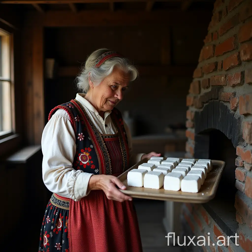 An elderly grandmother in folk costume pulling quadrangular slices of marshmallow on a tray from a Russian oven in an old wooden hut.