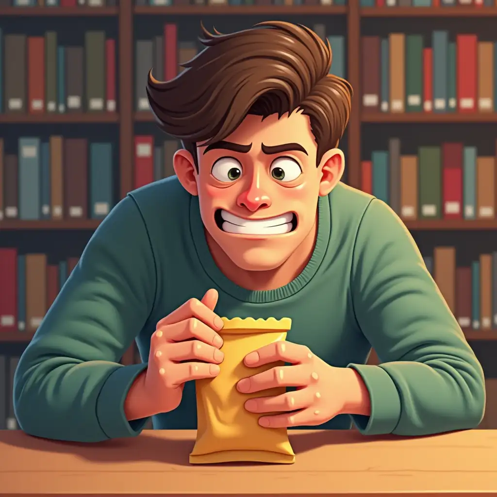 A 2d illustration of adult young 30 year old stressy man with an awkward smile Trying to Open a sealed snack bag very slowly, shameful, man sitting in the library.