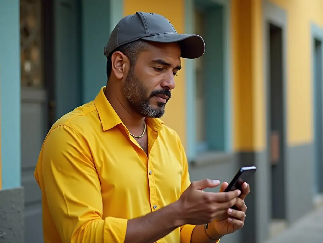 A man with yellow shirt question another Dominican Republic man and he is using mobile