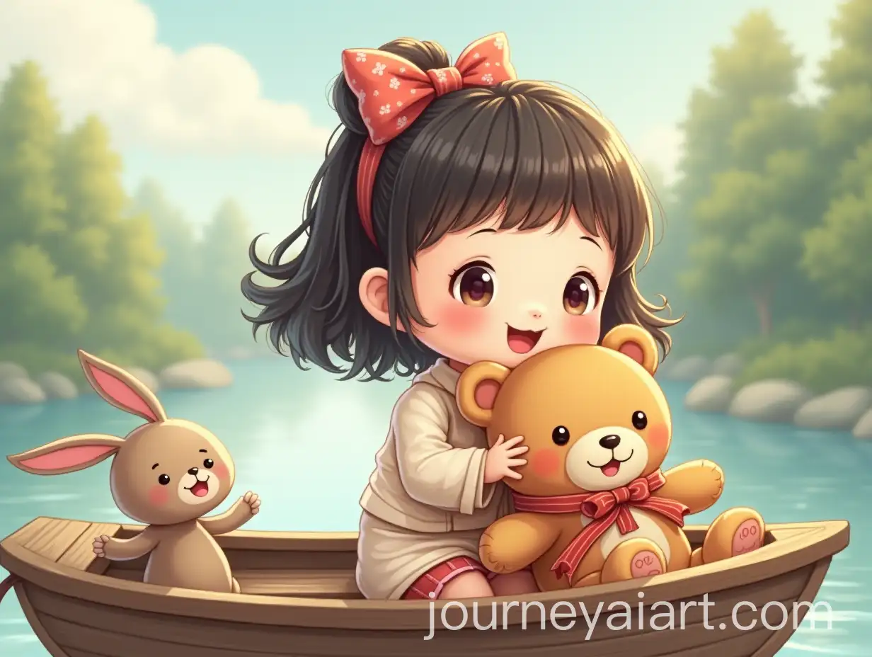 Adorable-Chinese-Girl-with-Teddy-Bear-and-Rabbit-on-a-Boat