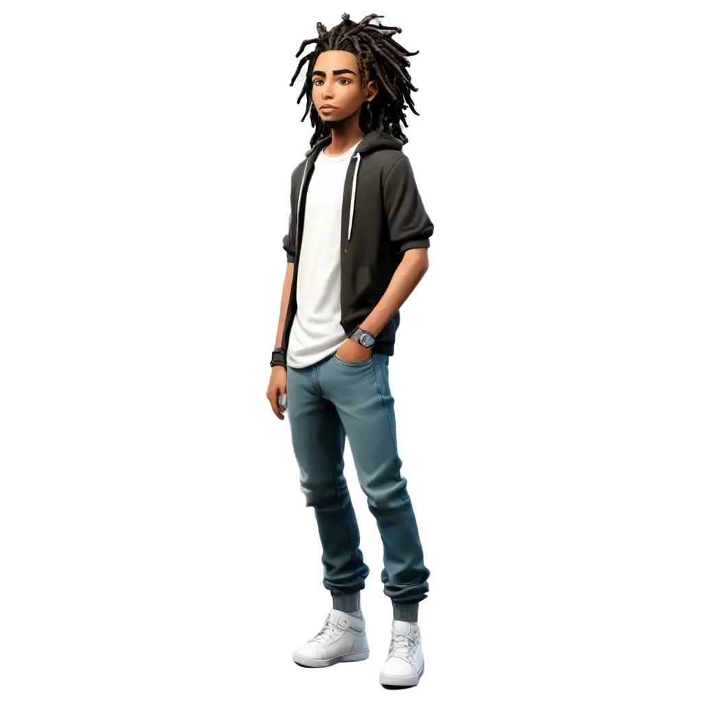 Anime style black male with locs with street fashion outfit full body