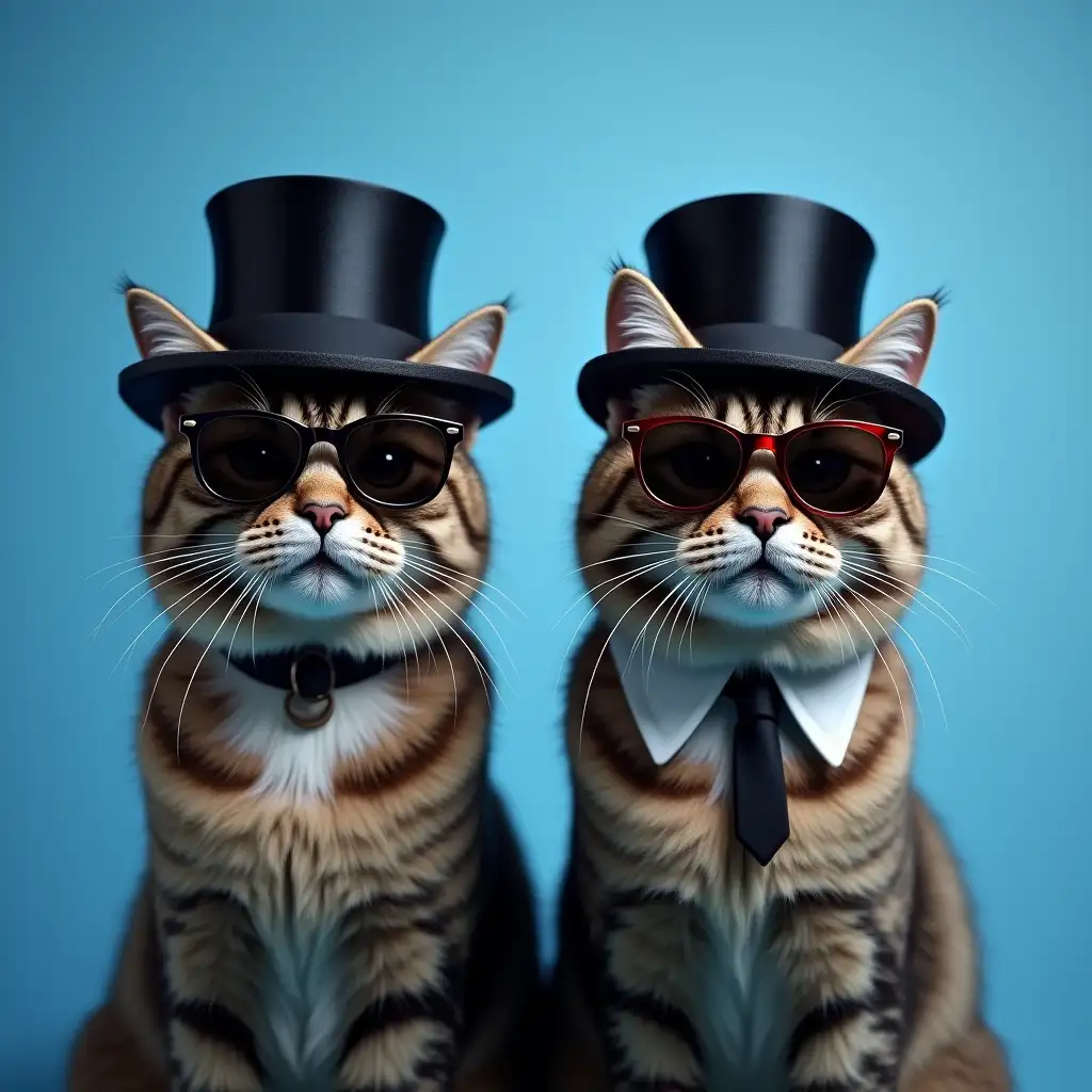 Two-Adult-Cats-Wearing-Top-Hats-and-Sunglasses-in-Monochrome-Blue-Background