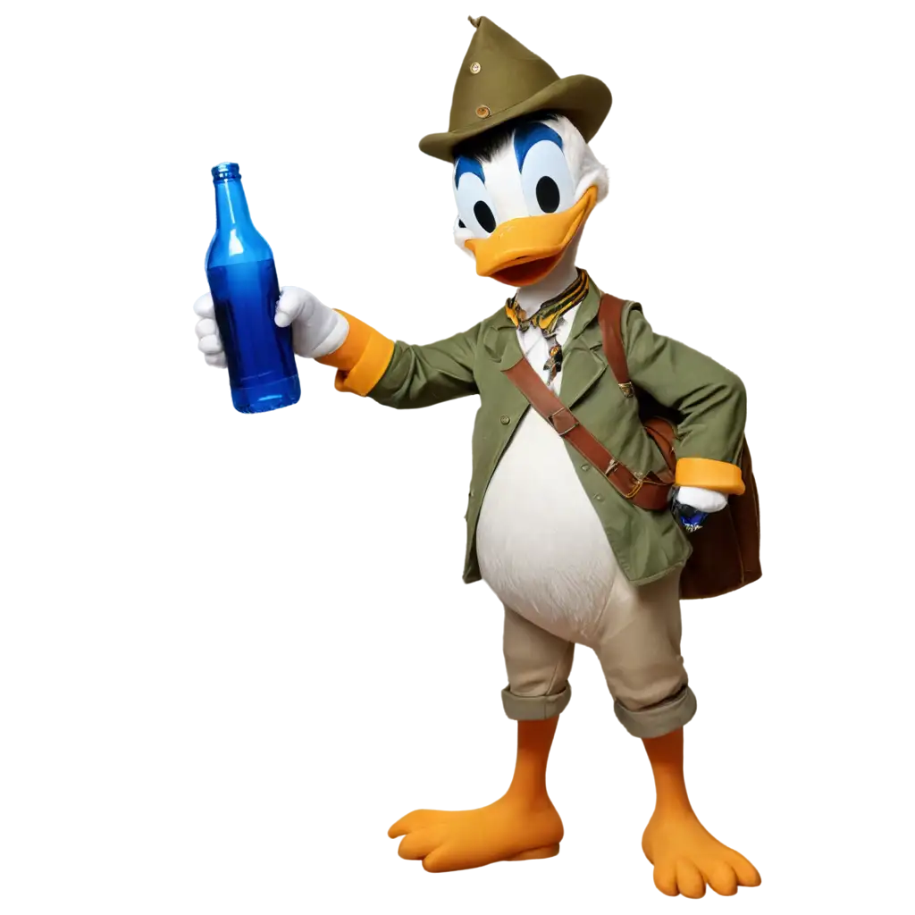 Donald duck in hunter costume with a beer bottle in hand