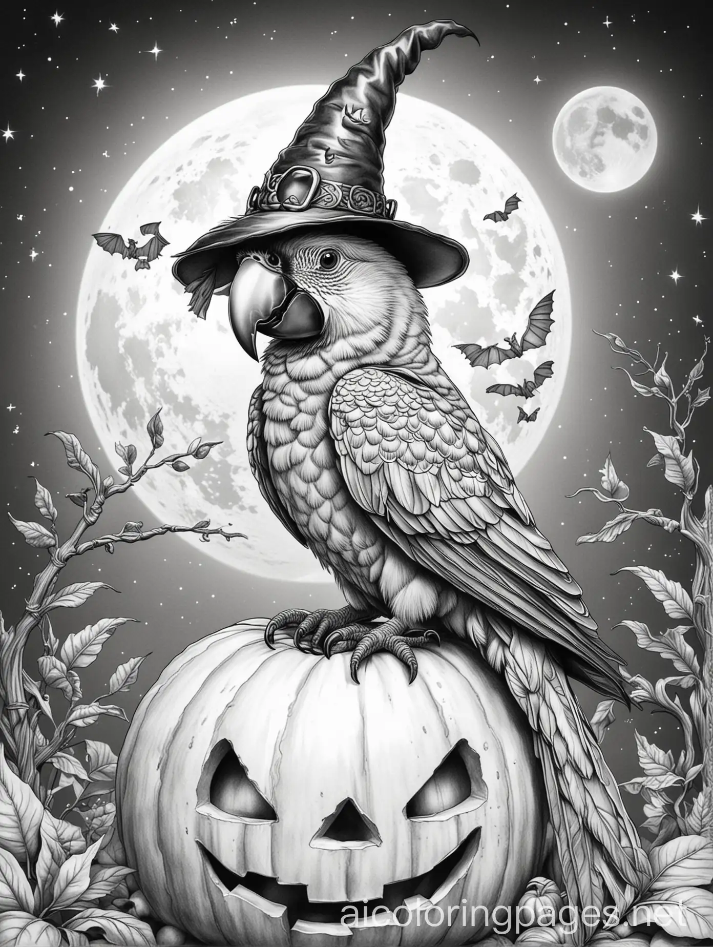 Scarlet-Macaw-in-Witch-Hat-on-JackoLantern-Under-Full-Moon