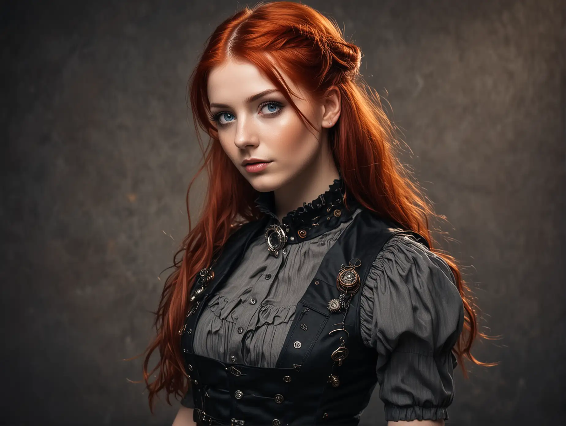 A beautiful girl with shining blue eyes and red hair. Steampunk style sleeveless and high-collared clothes. Full height, view from below