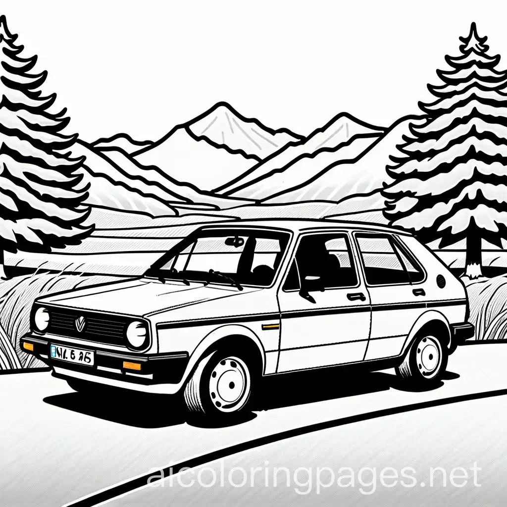 a couple with an old volswagen golf 3 in the background, Coloring Page, black and white, line art, white background, Simplicity, Ample White Space. The background of the coloring page is plain white to make it easy for young children to color within the lines. The outlines of all the subjects are easy to distinguish, making it simple for kids to color without too much difficulty