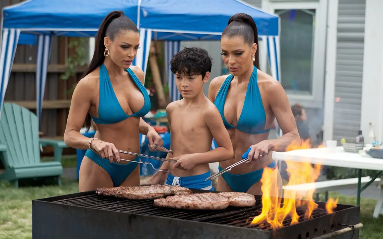 Summer Backyard. Two very beautiful Evil mature  smiling latina females with deep necklines and hair slicked back into a ponytail (grills a boy on a large grill:1.5), big hot flame, hot coals, cinematic, photo , 4k