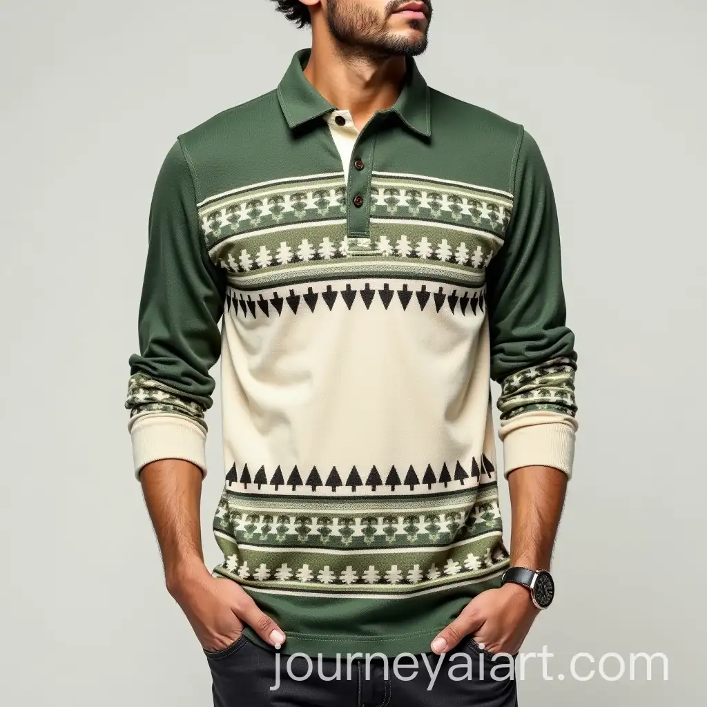 BohoInAI-Art-Prompt-Expansionspired-FullSleeve-Polo-Shirt-in-Cream-and-Dark-Green