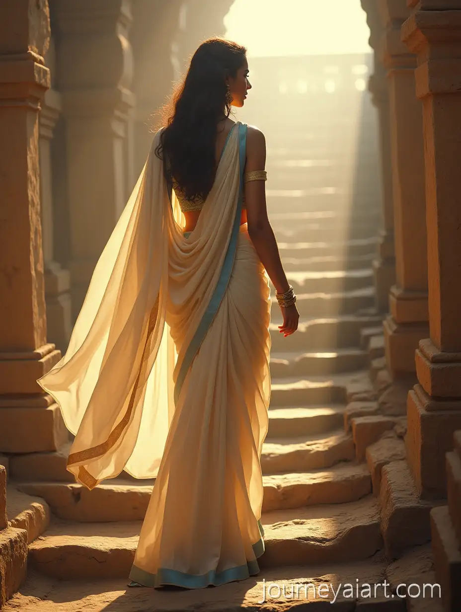 Graceful-South-Asian-Woman-Descending-Ancient-Stone-Steps-in-Ivory-Saree-at-Golden-Hour
