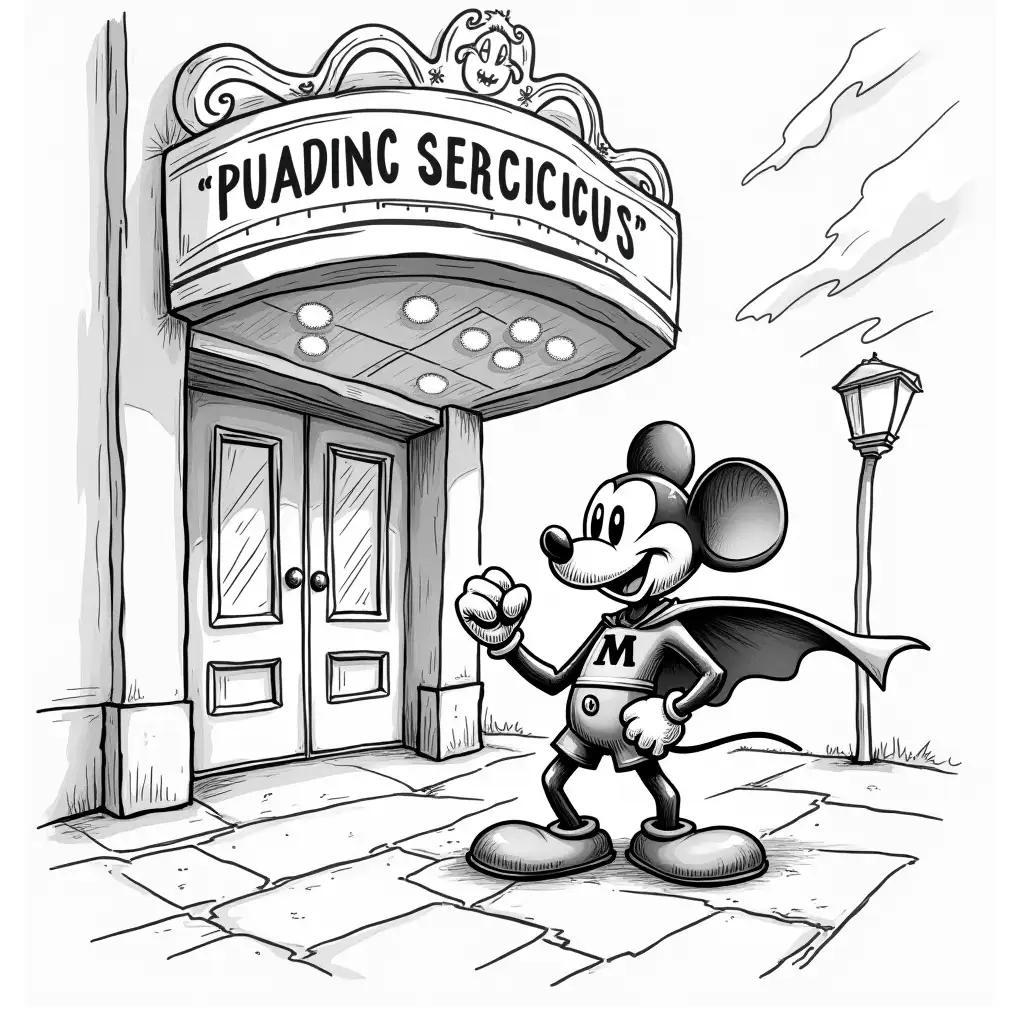 A black and white drawn 'Mighty Mouse' is a cartoon character created by the Terrytoons studio in 1942, standing in front of a cinema. The cinema's light banner says 'PIXELPUPS CLASSICS' in large letters. Mighty Mouse is standing in front of the entrance to the cinema, he is wearing a yellow suit with a red cape, red shorts over the yellow suit, the initials 'MM' and red shoes are large in black on his chest, he is muscular, he is holding out a fist the sky, the cape is blowing in the wind, he looks at the sky as if he wanted to fly away. Do everything exactly like the original template from 1942, with lots of loving details.