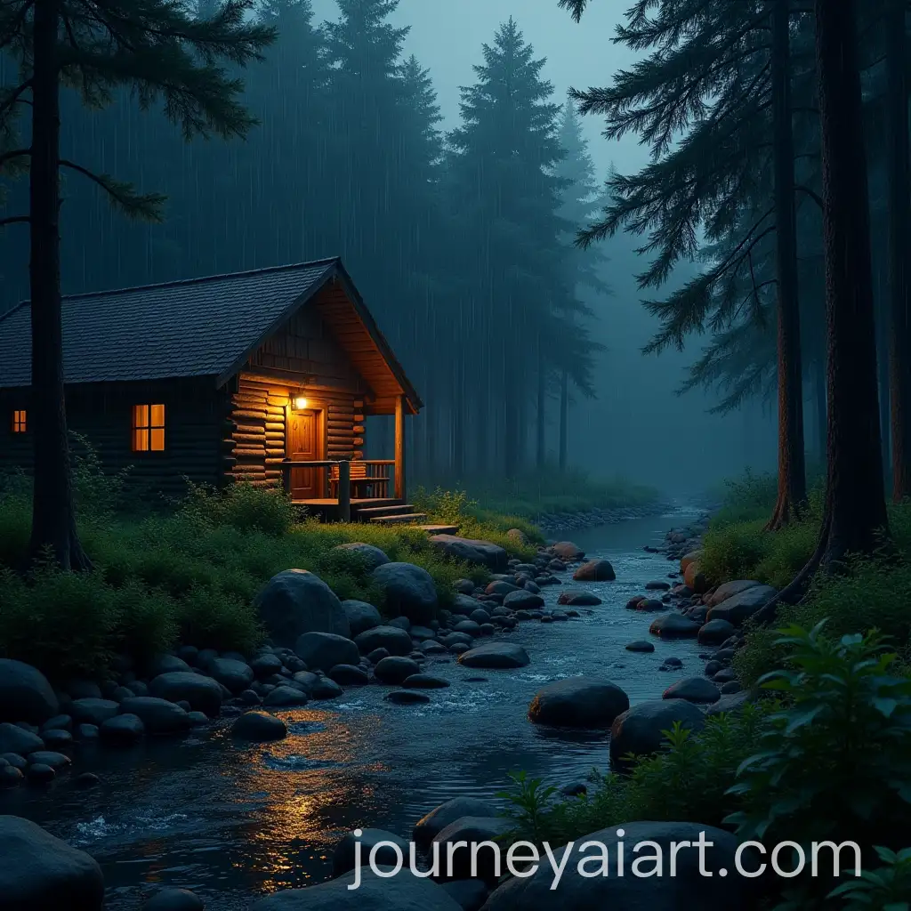 Wood-Cabin-in-Dense-Forest-at-Night-with-Rain-and-Serene-River