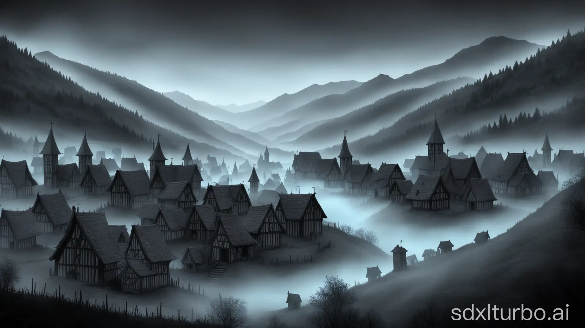 Medieval-Small-Village-in-Dark-Forest-with-Blue-Fog-Between-Mountains