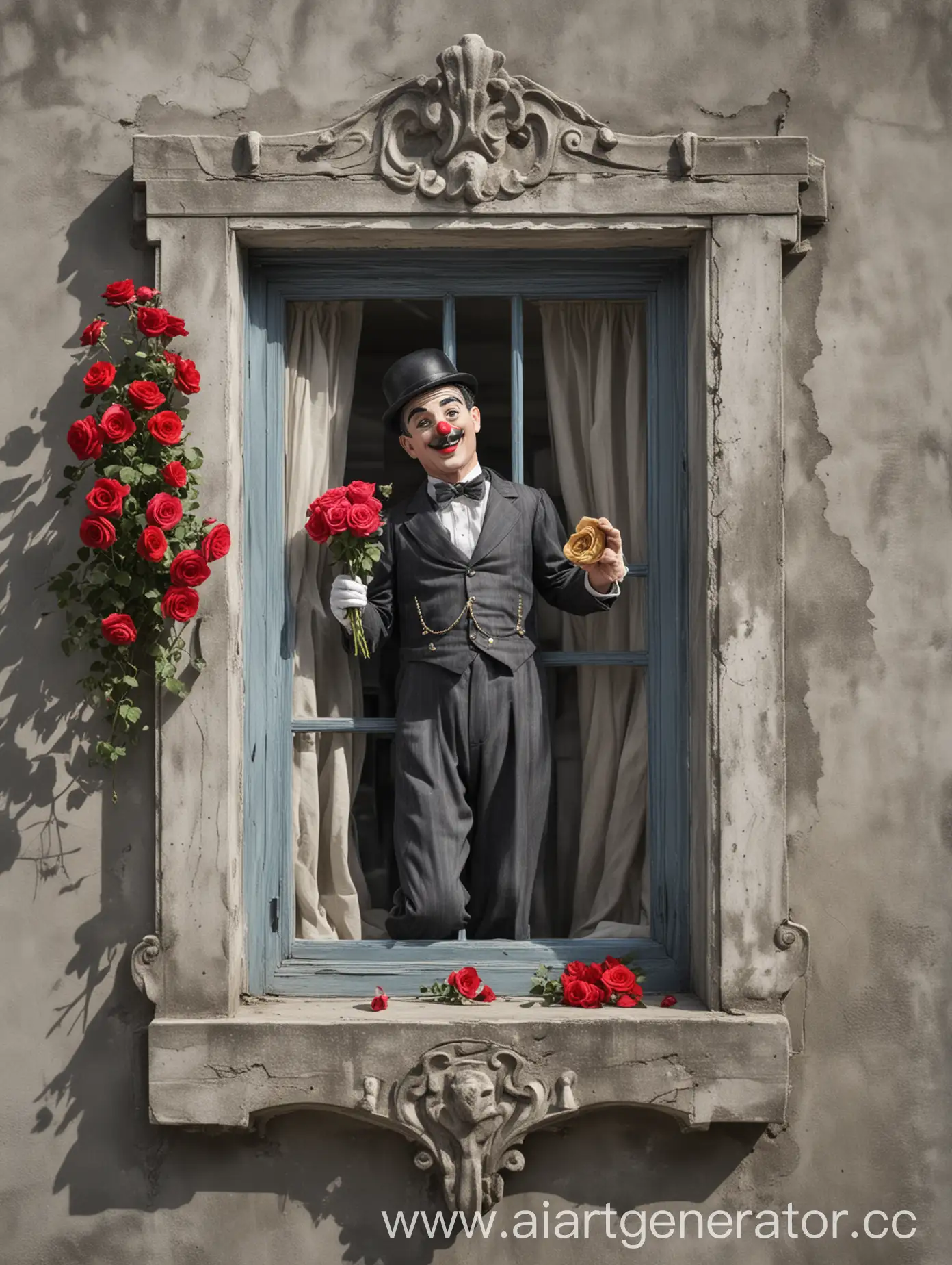 Charlie-Chaplin-in-Clown-Costume-Peeking-from-Window-with-Rose-in-Urban-Setting