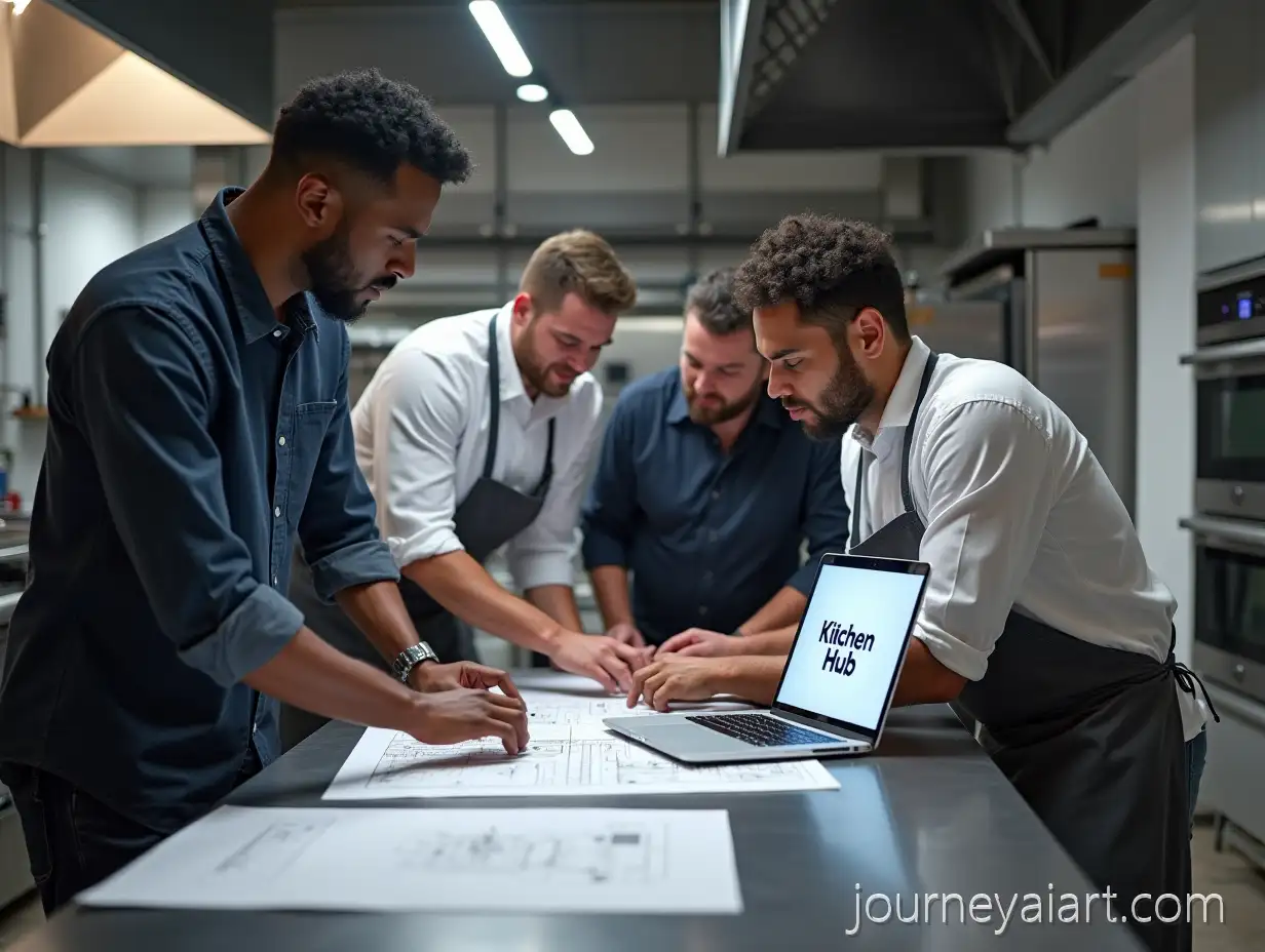 Black-Professional-Designer-and-Chef-Reviewing-AutoCAD-Blueprints-in-a-Modern-Commercial-Kitchen