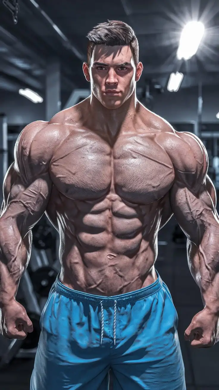 A powerful benevolent force gives a hugely ripped muscle man awesome superpowers. 23 years old. Photorealistic.