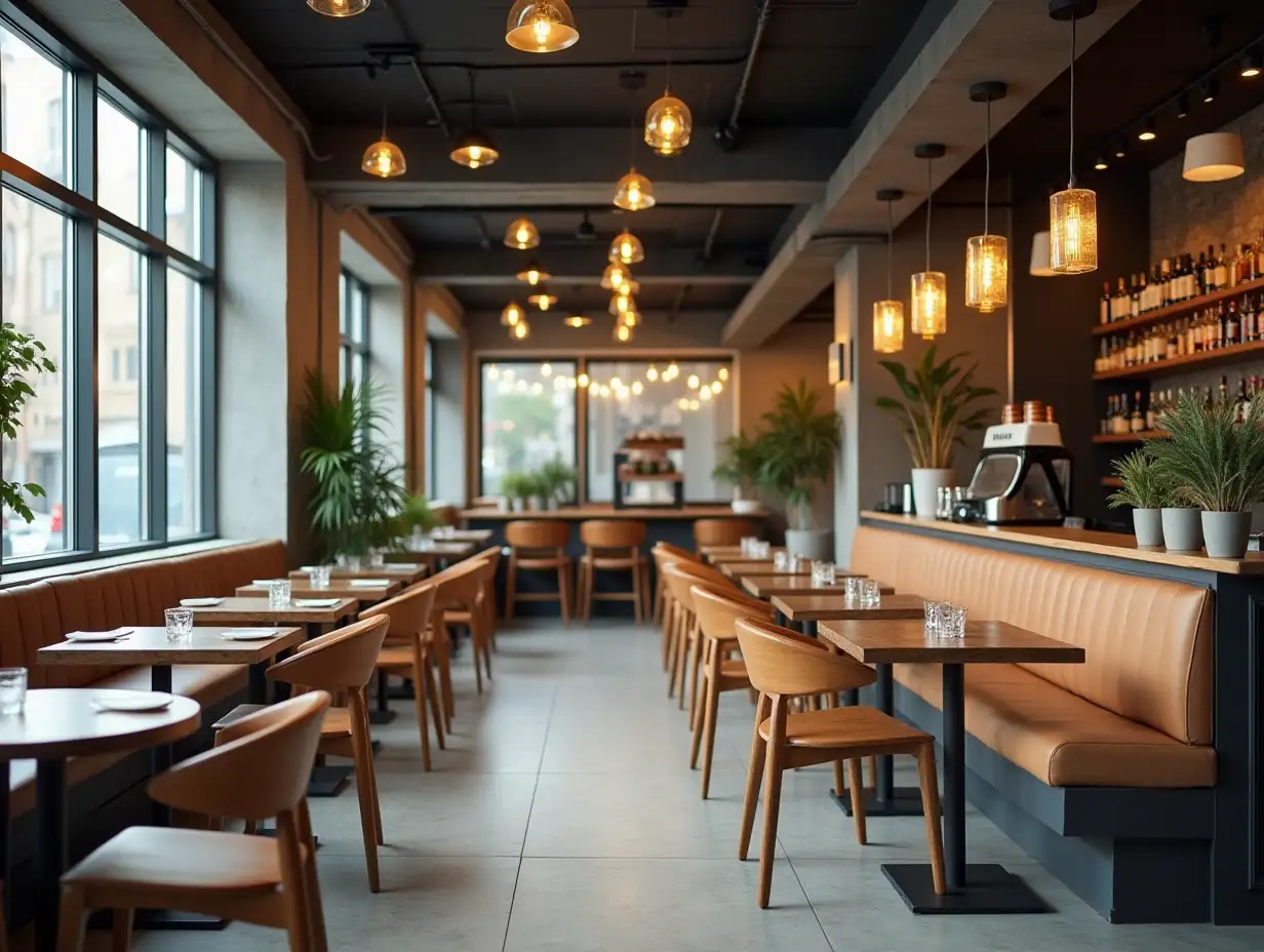 Modern cafe interior with chairs and eating tables in row on concrete floor