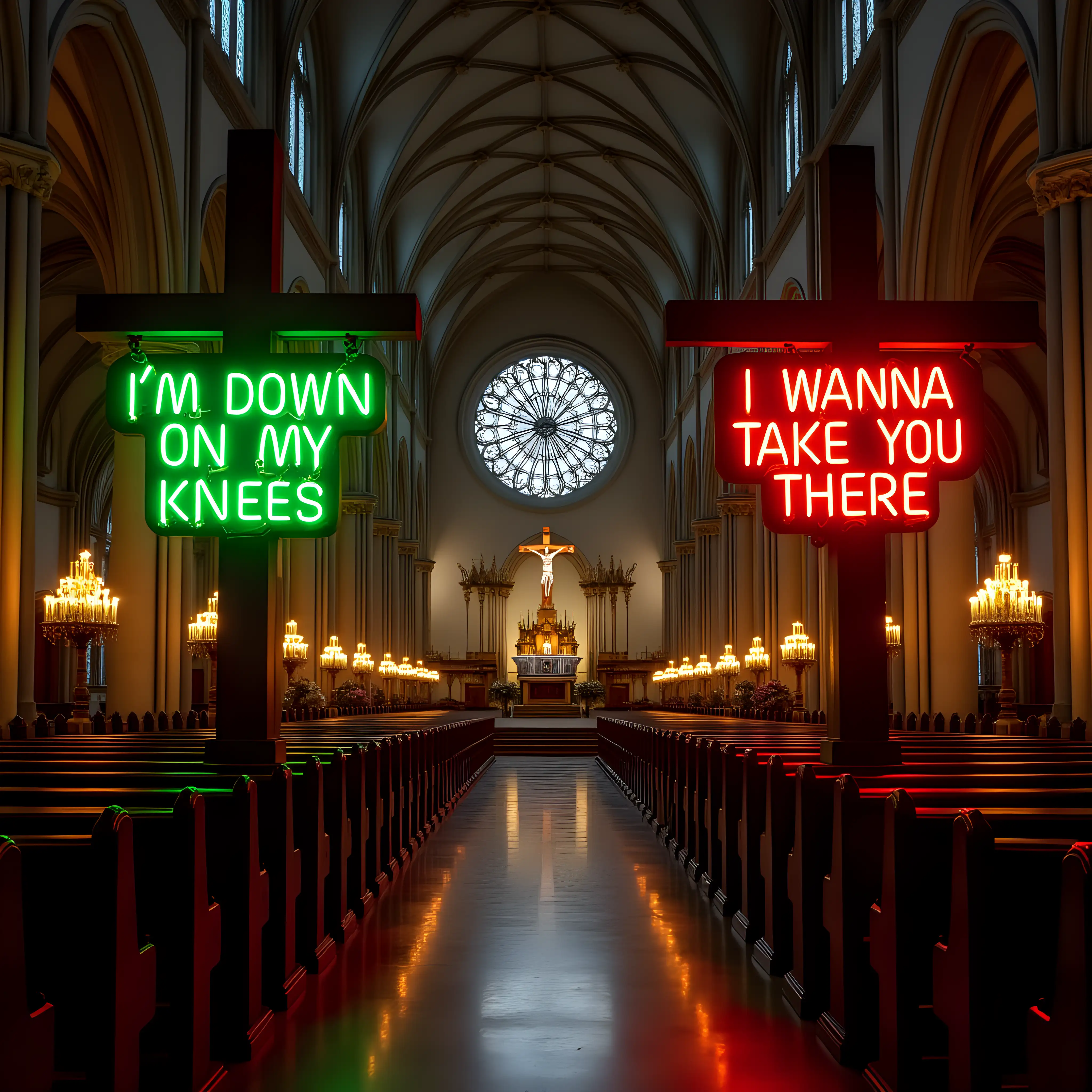 Create an image of a large impressive Catholic Cathedral with vaulted ceilings and stained glass windows in the ceilings. The image is looking down the aisle at the main altar in front, with large banks of candles either side of the aisle, lighting up the cathedral. Either side of the main altar there are two large wooden crucifix. The LHS crucifix has a bright green neon sign supported by black metal supports, which says 'I'M DOWN ON MY KNEES'. The RHS crucifix has a bright red neon sign with black metal supports which says 'I WANNA TAKE YOU THERE'. All the neon lettering, electrical wires and connections are clearly visible. The overall image is well illuminated, with all details of the architecture shown clearly.