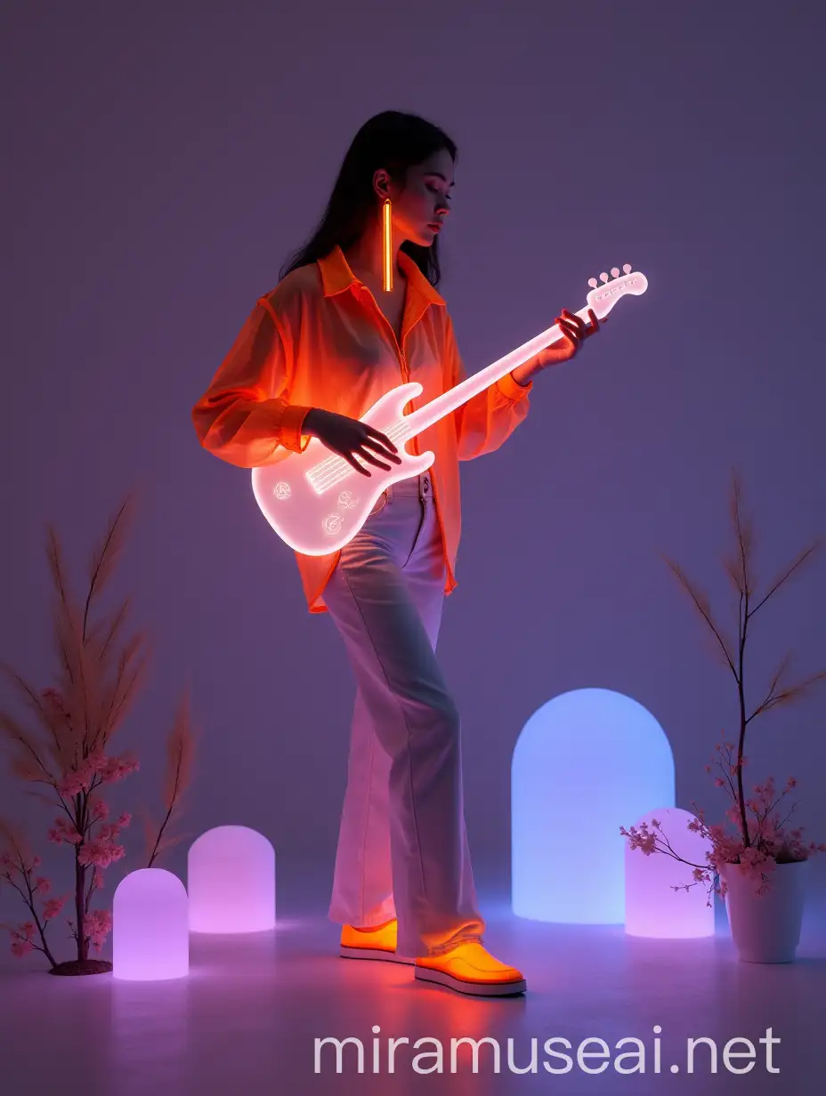 Futuristic White Woman Playing Neon Instruments in Dark Studio