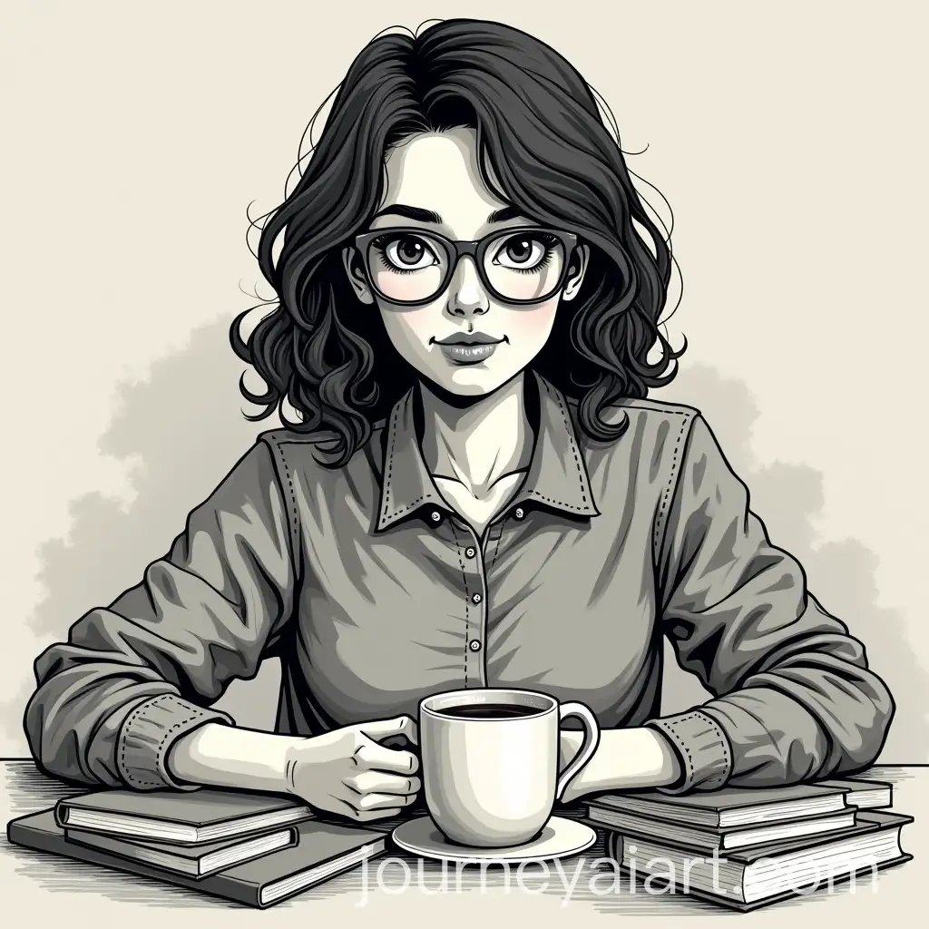 Black-and-Cream-Art-of-a-Girl-with-Glasses-Coffee-Mug-Books-and-Laptop