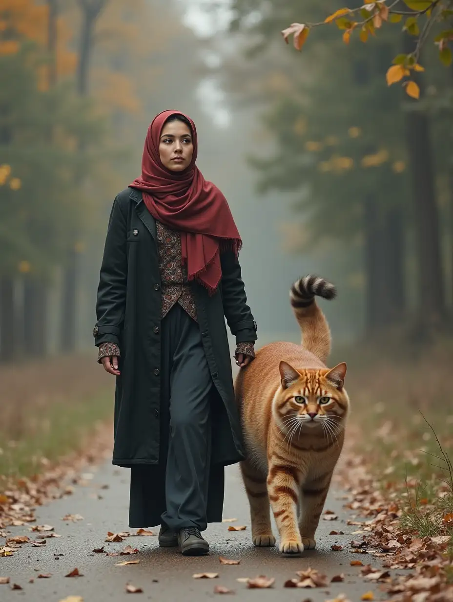 A woman in a hijab walks with a giant cat