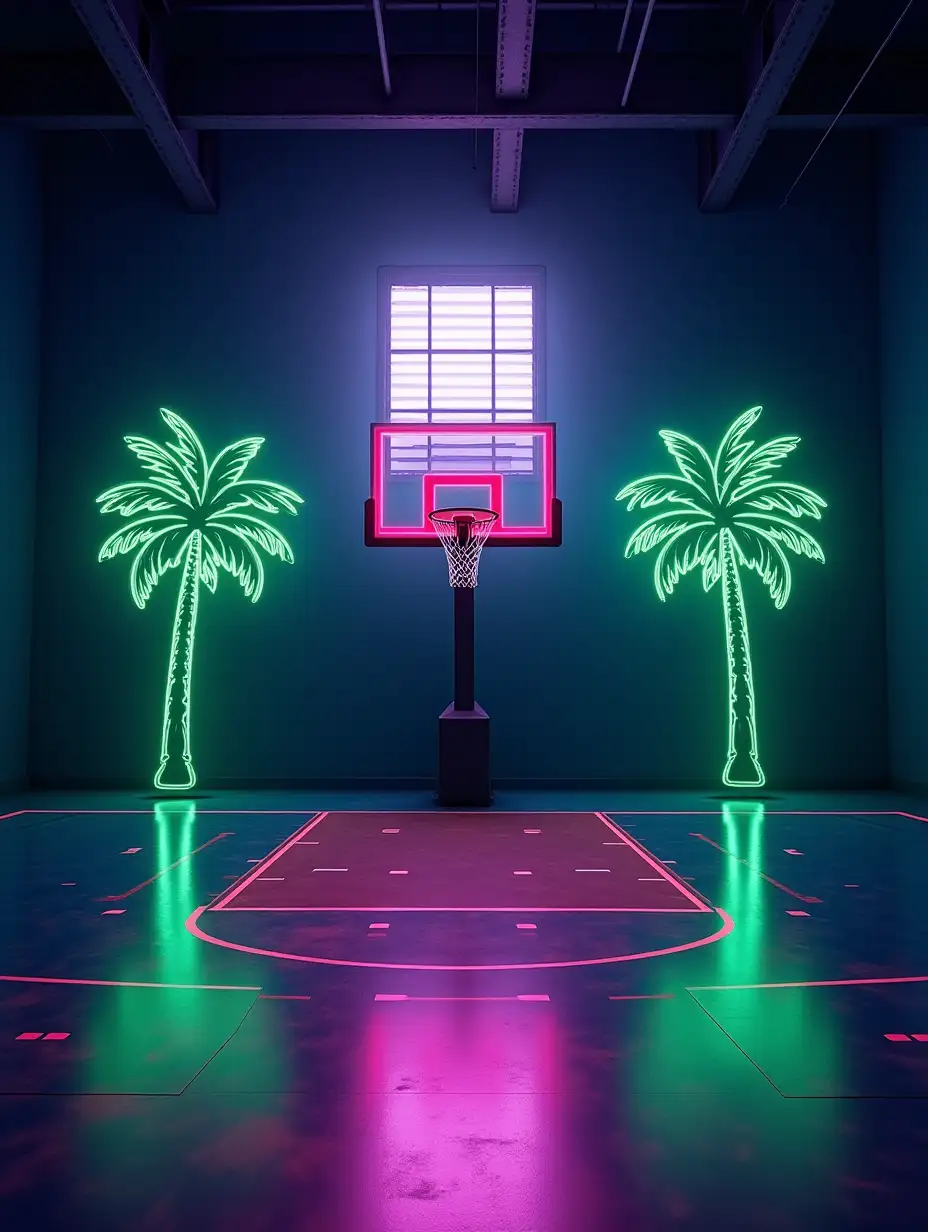 NeonAccented Urban Basketball Court with Tropical Vibe