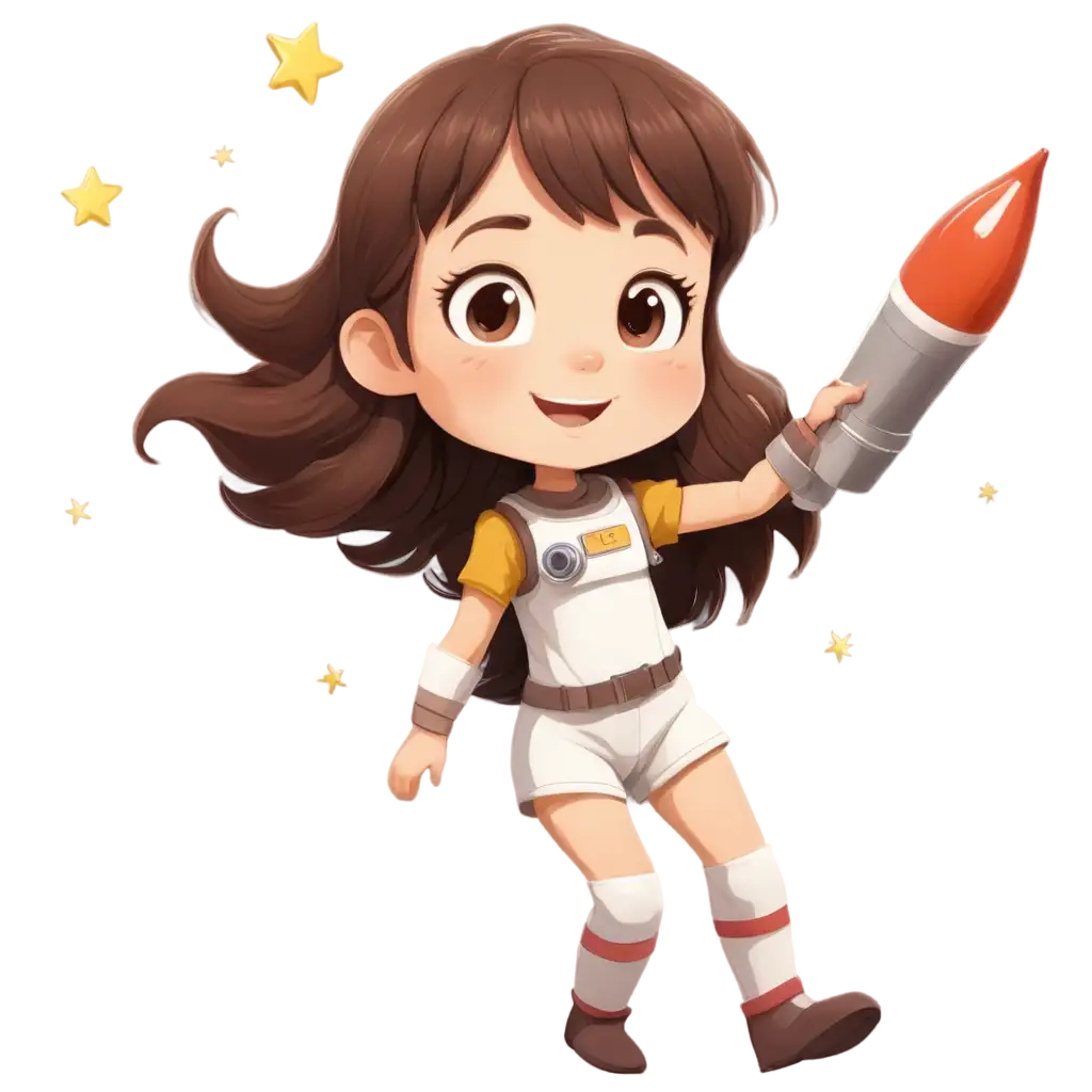 PNG-Image-of-a-Little-BrownHaired-Anime-Girl-Child-Astronaut-Near-a-Rocket-on-the-Moon