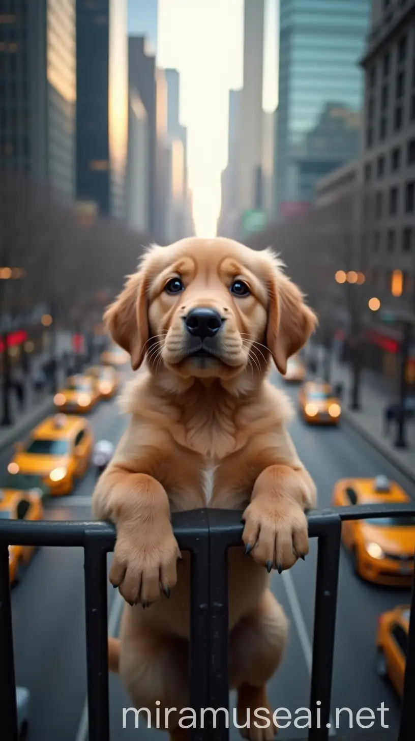 A cute Golden Retriever puppy hanging with its front paws on a metal fence above a busy avenue of a big city. The background shows tall skyscrapers and moving yellow taxis with a blur effect to highlight the depth. The expression of the puppy conveys innocence and lightness, as if waiting to be rescued. The scene is illuminated by a soft evening light, creating an enchanting cinematic effect.