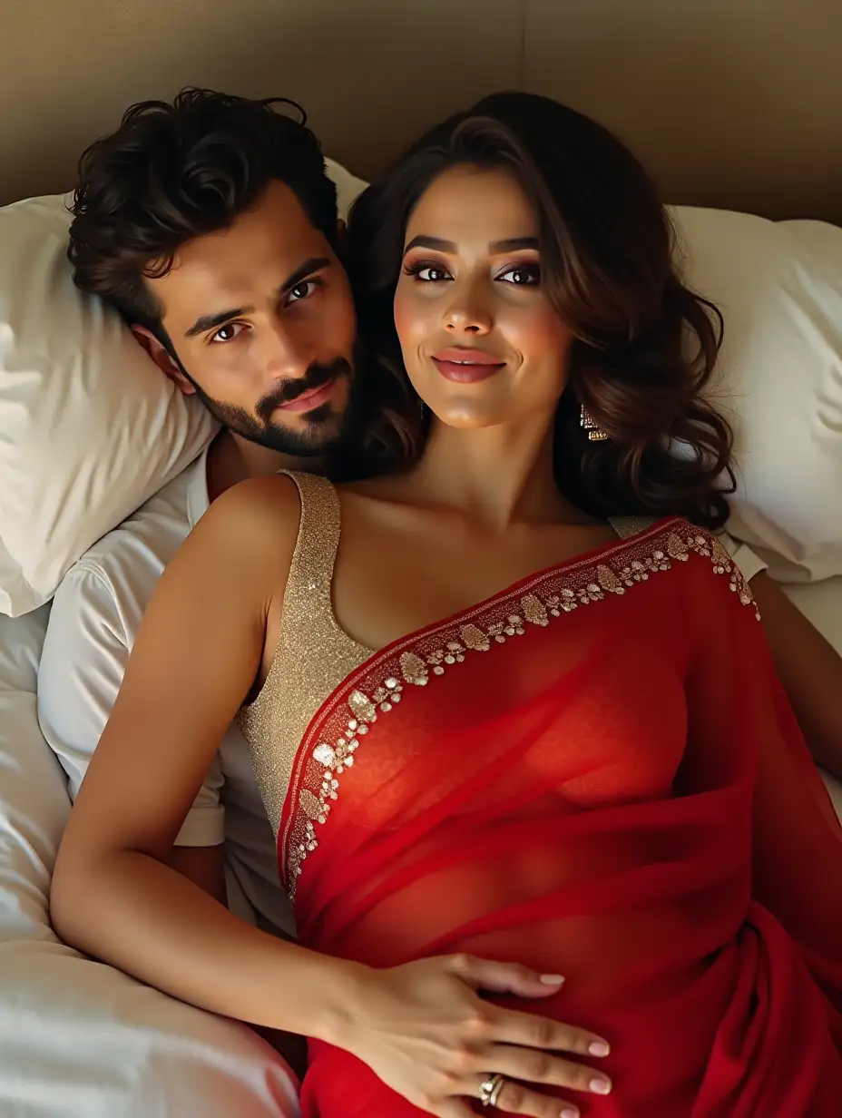 A high-quality, realistic portrait of a glamorous Indian actress. she styled in a light sequin half red saree sleeping on bed. the handsome husband also sleeping beside her. The actress exudes effortless beauty and sensuality with a confident pose, a radiant smile, a captivating gaze and white skin tone. The saree sparkles with sequins, reflecting light in a mesmerizing way, while the overall style is both sizzling, bold, sensual, modern and elegant. The image is shot in a fashion photography style with soft, and lighting that enhances the intricate details of the saree and her flawless complexion. The background is of the bedroom and focus entirely on her elegance and modern ethnic fashion. she is little bit fuller and curvier body. she wear half plain blouj with deep v neck shape. her navel and waist clearly visible. looking straight to the camera in front side. flaunting her body. she looks cute, beautiful, gorgeous and stunning, sensual and sizzling hot. her husband is also good looking with beard, moustache and white skin tone close to her. she look damn beautiful. both looking straight to the camera. both have endomorph body type. both are on bed with white bedsheet.