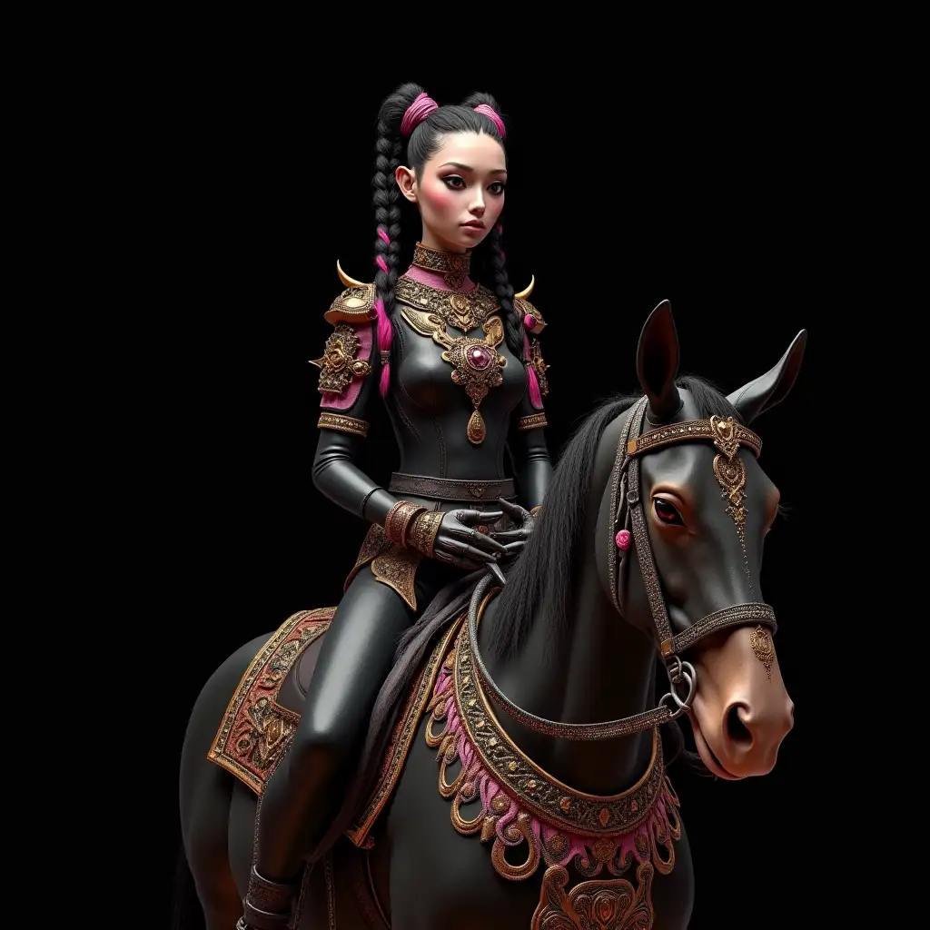 Hyperrealistic portrait of a beautiful alien woman with black pink braided hair riding a horse that wears intricately detailed, colorful and futuristic jewelry.black background