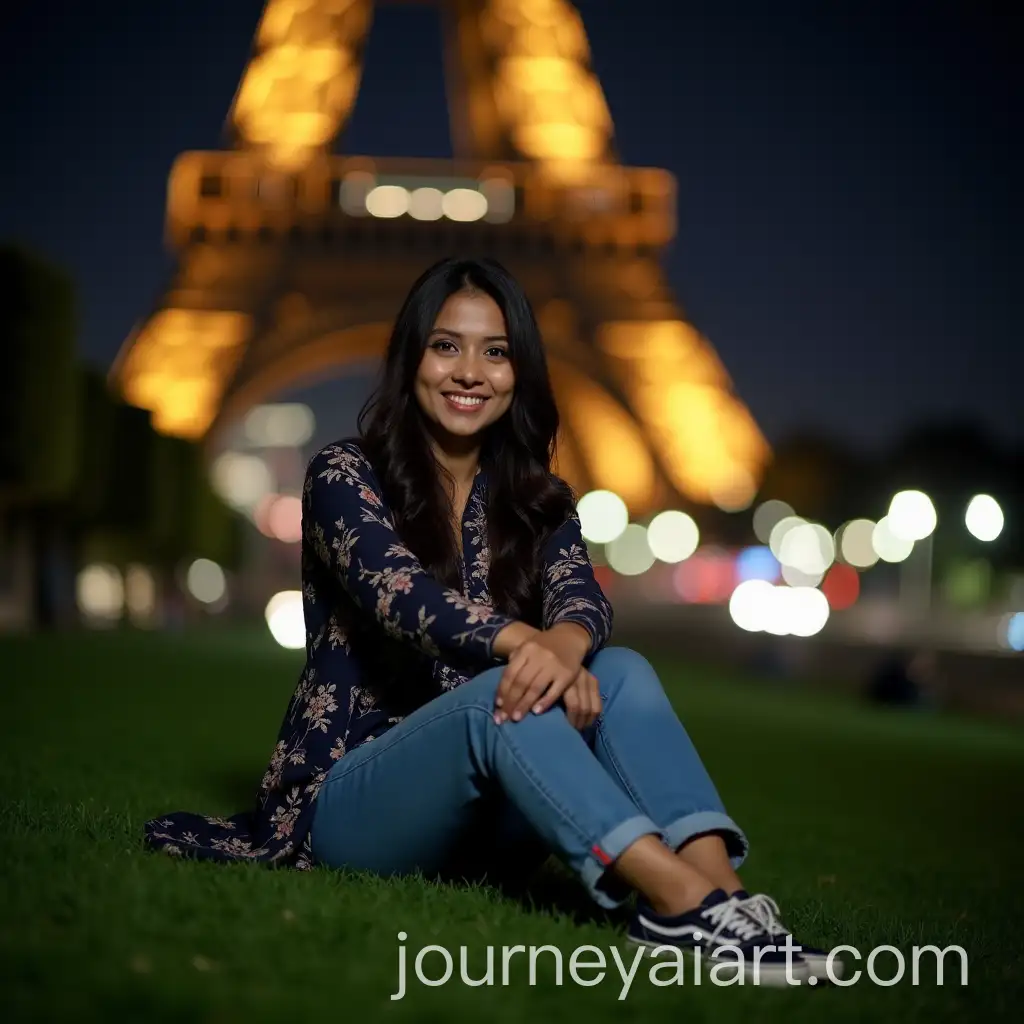 Indonesian-Woman-in-Traditional-Clothing-and-Blue-Jeans-Sitting-on-Grass-with-Eiffel-Tower-in-Background-at-Night