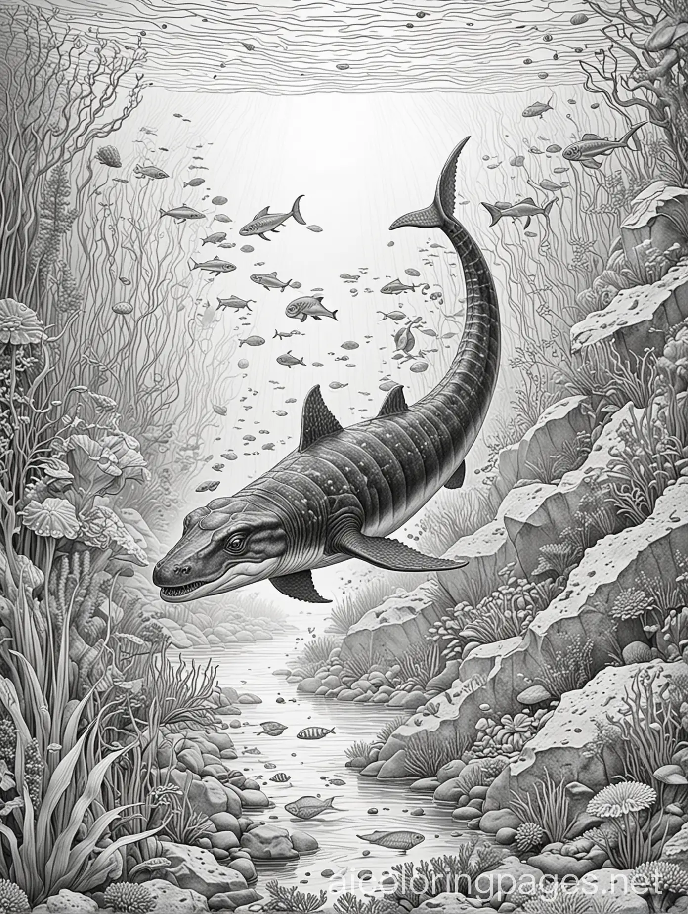 Create a coloring page of an Elasmosaurus in a prehistoric aquatic environment for a children's coloring book. The scene must include the following elements: Elasmosaurus: Central in the image, Elasmosaurus should be swimming gracefully with its long neck extended, highlighting its slender shape and fin details. Environment: An underwater setting with aquatic plants, corals, and other elements from the bottom of the sea. Add prehistoric fish swimming around. Details: Include small elements like rocks, shells, and perhaps other small marine animals to enrich the scene., Coloring Page, black and white, line art, white background, Simplicity, Ample White Space. The background of the coloring page is plain white to make it easy for young children to color within the lines. The outlines of all the subjects are easy to distinguish, making it simple for kids to color without too much difficulty