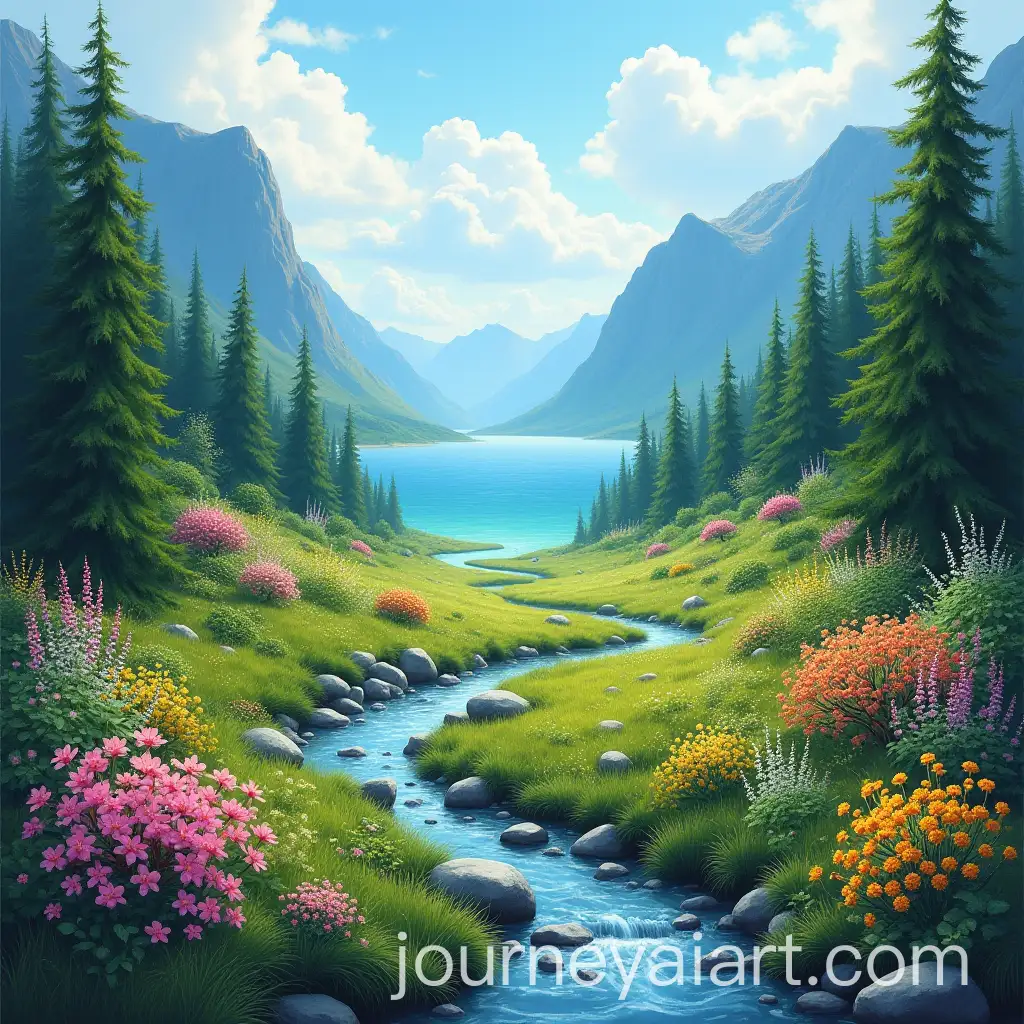 Serene-Landscape-with-Forest-Flowing-Stream-and-Vibrant-Flowers-in-Mountain-Valley