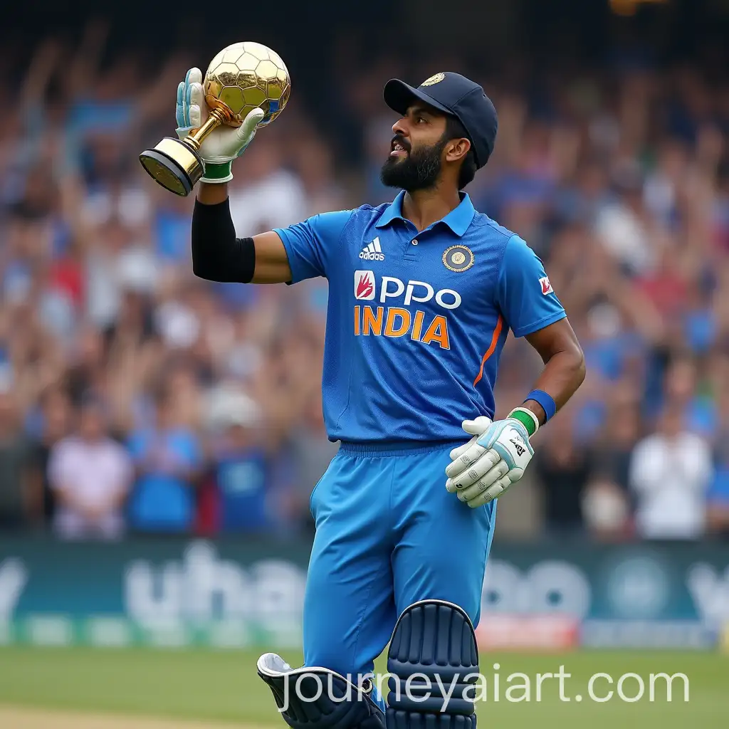 MS-Dhoni-on-Football-Field-Holding-Football-and-Trophy-with-Cheering-Crowd-Behind